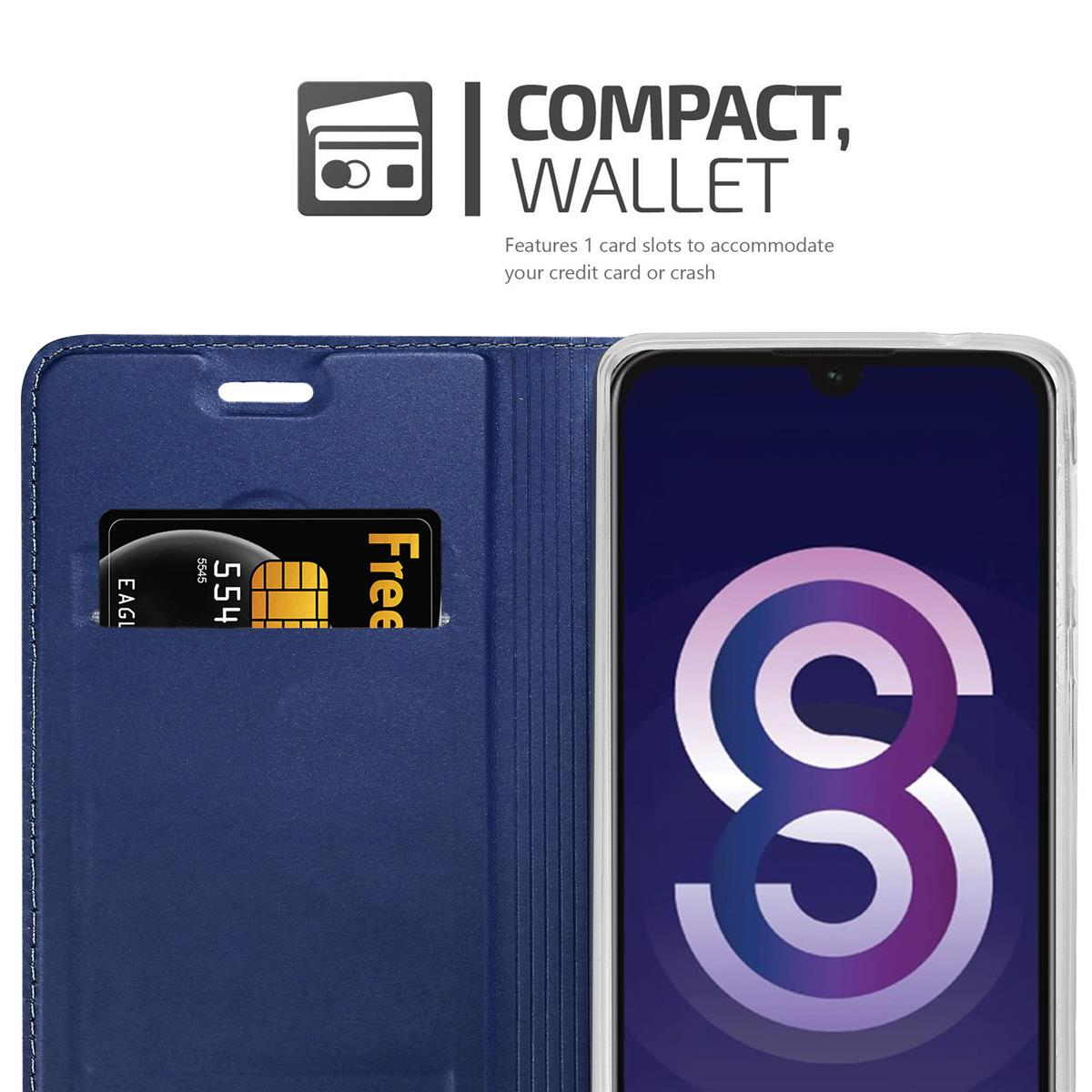 Custodia a portafoglio blu con fessura per carta di credito e telefono con design circolare sullo schermo.