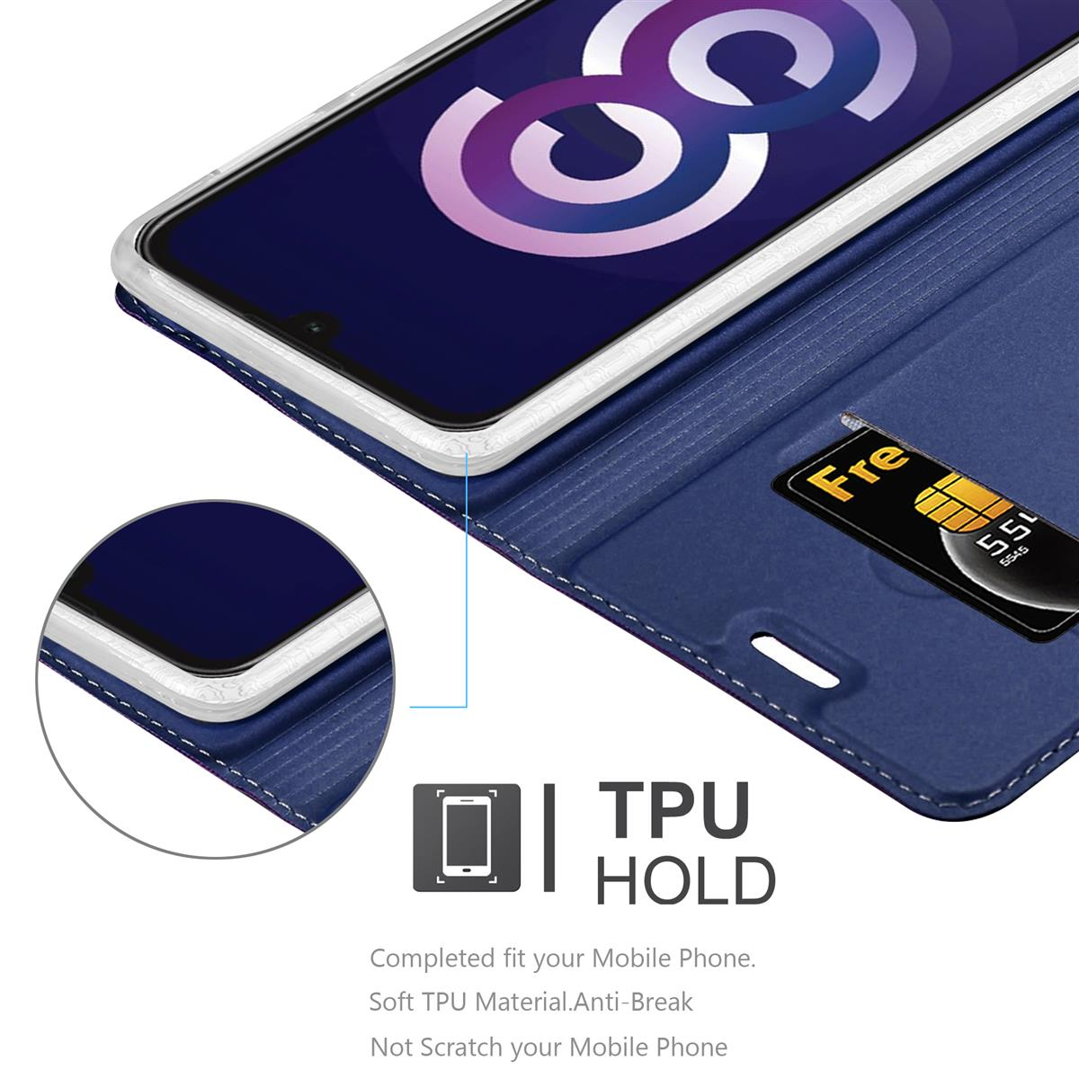Primo piano di una custodia blu con telefono dentro. Scheda SIM visibile. Testo: TPU HOLD.