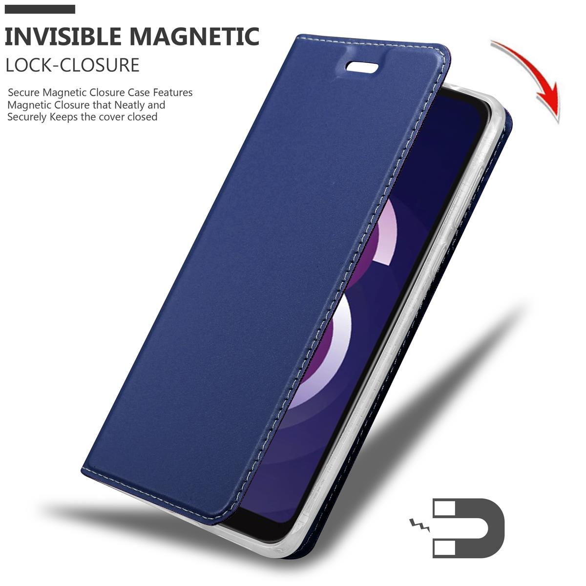 Custodia blu aperta. Un magnete accanto. Testo: Chiusura magnetica invisibile.