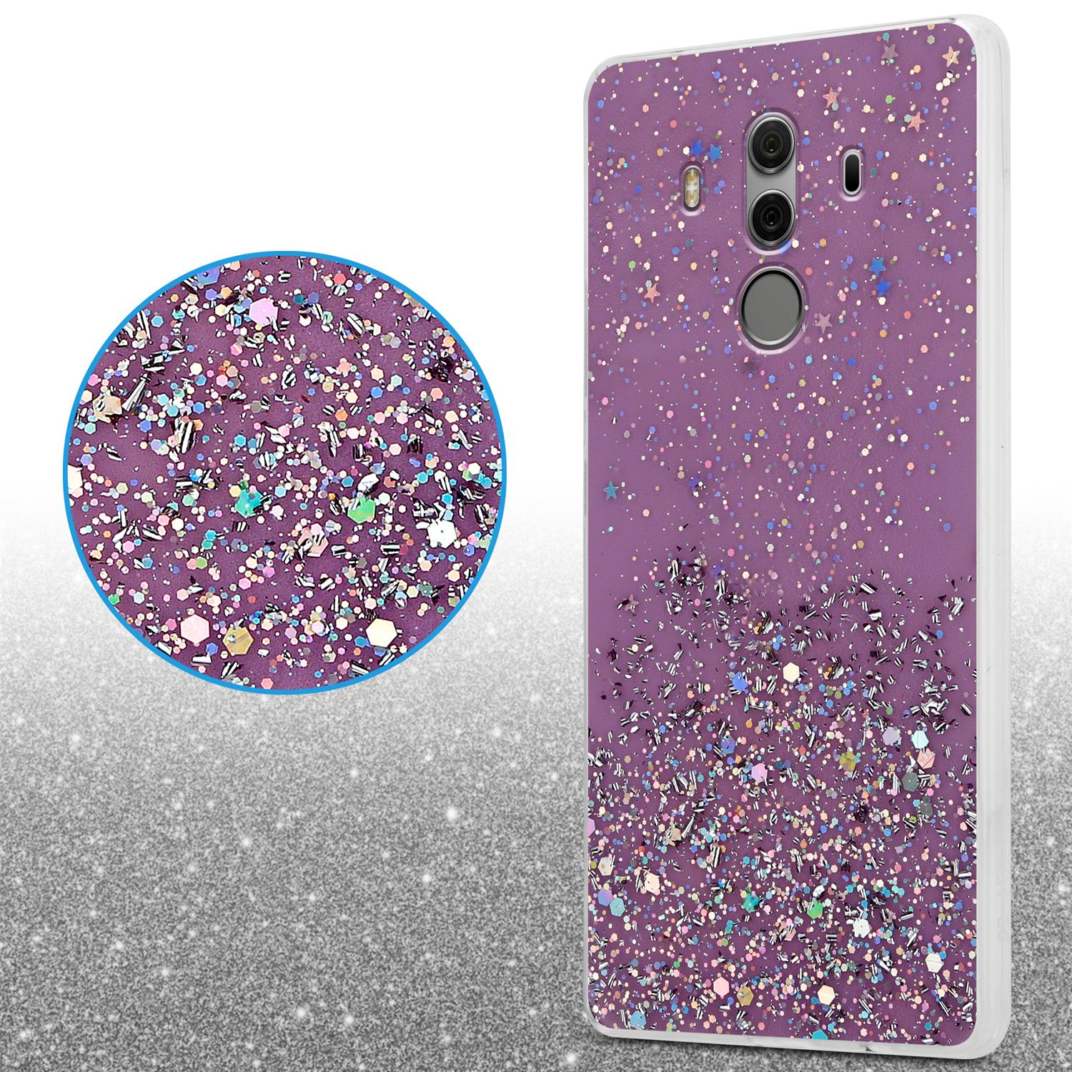 Lila Handyhülle mit Glitzer. Eine Nahaufnahme zeigt ein Detail von Glitzer. Die Hülle liegt auf einer weißen Oberfläche.
