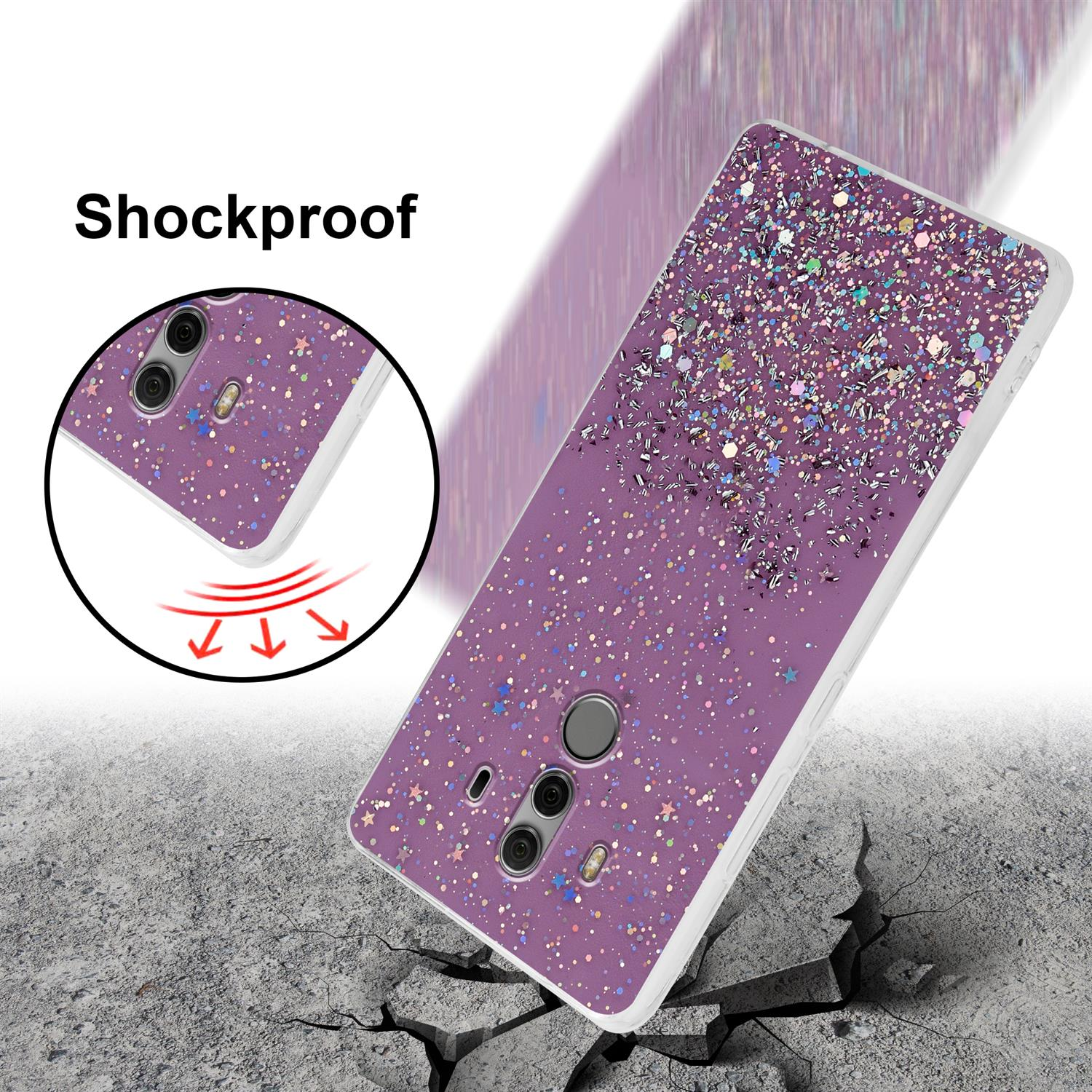 Custodia glitterata viola su una superficie incrinata, che mostra un design antiurto con frecce verso il basso.
