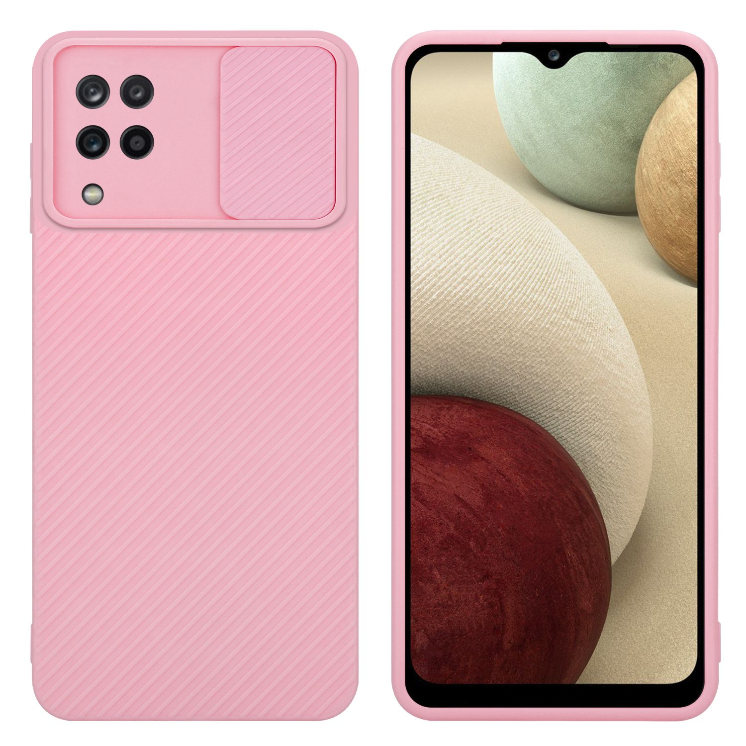 Rosa Handyhülle mit Kameraabdeckung, auf dem Telefon wird der Bildschirm angezeigt.