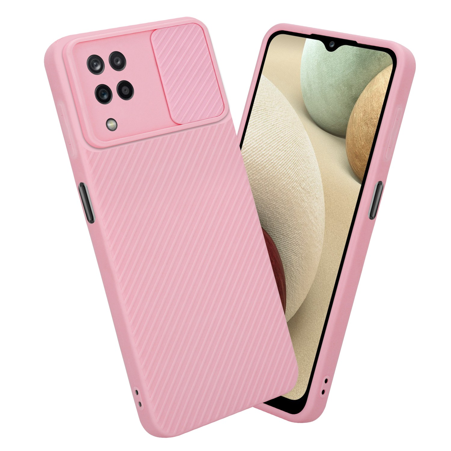 Rosa Handyhülle mit Kameraabdeckung. Ein Telefon ist darin.