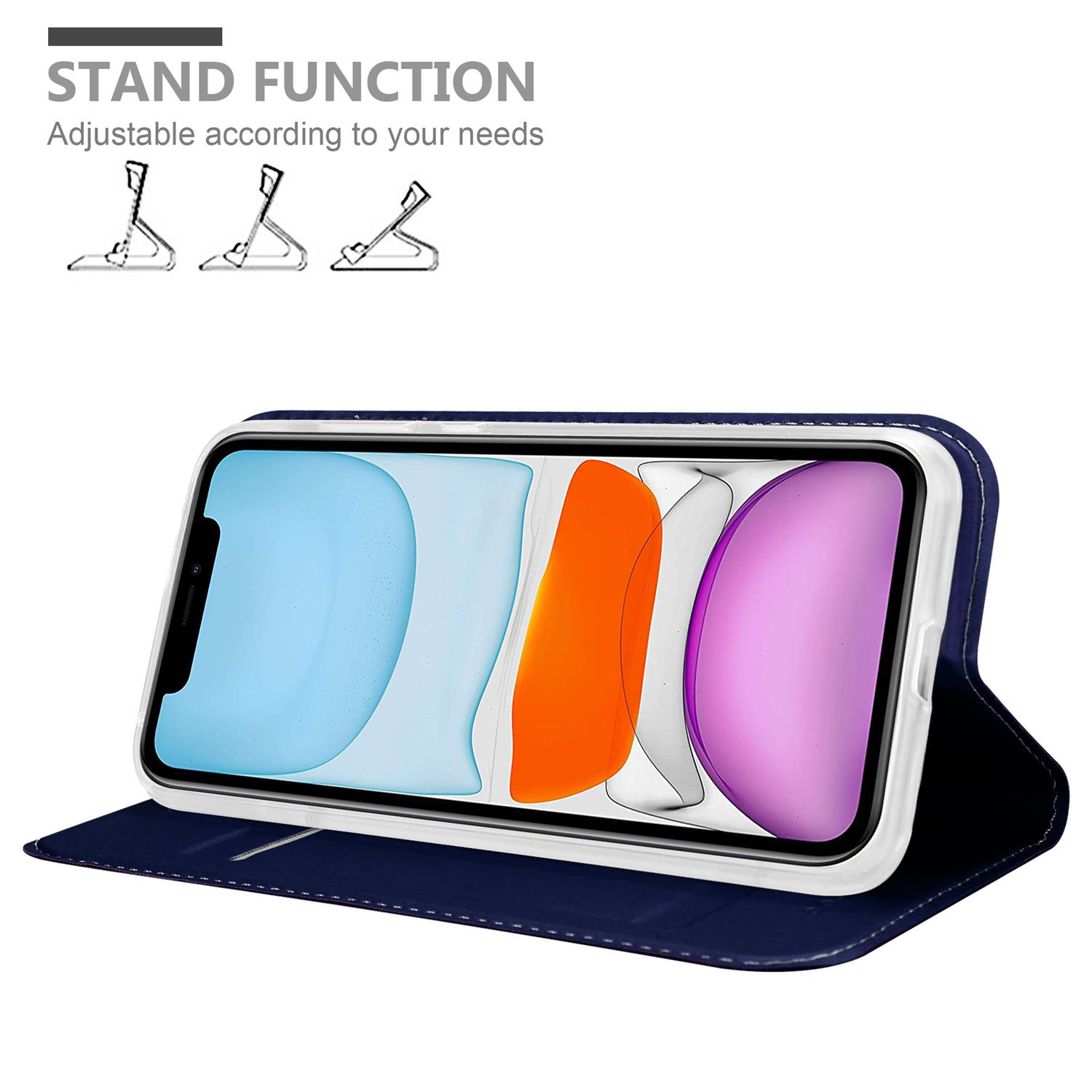 Téléphone dans un étui bleu, ouvert pour afficher l'écran. Fonction support et schémas visibles.