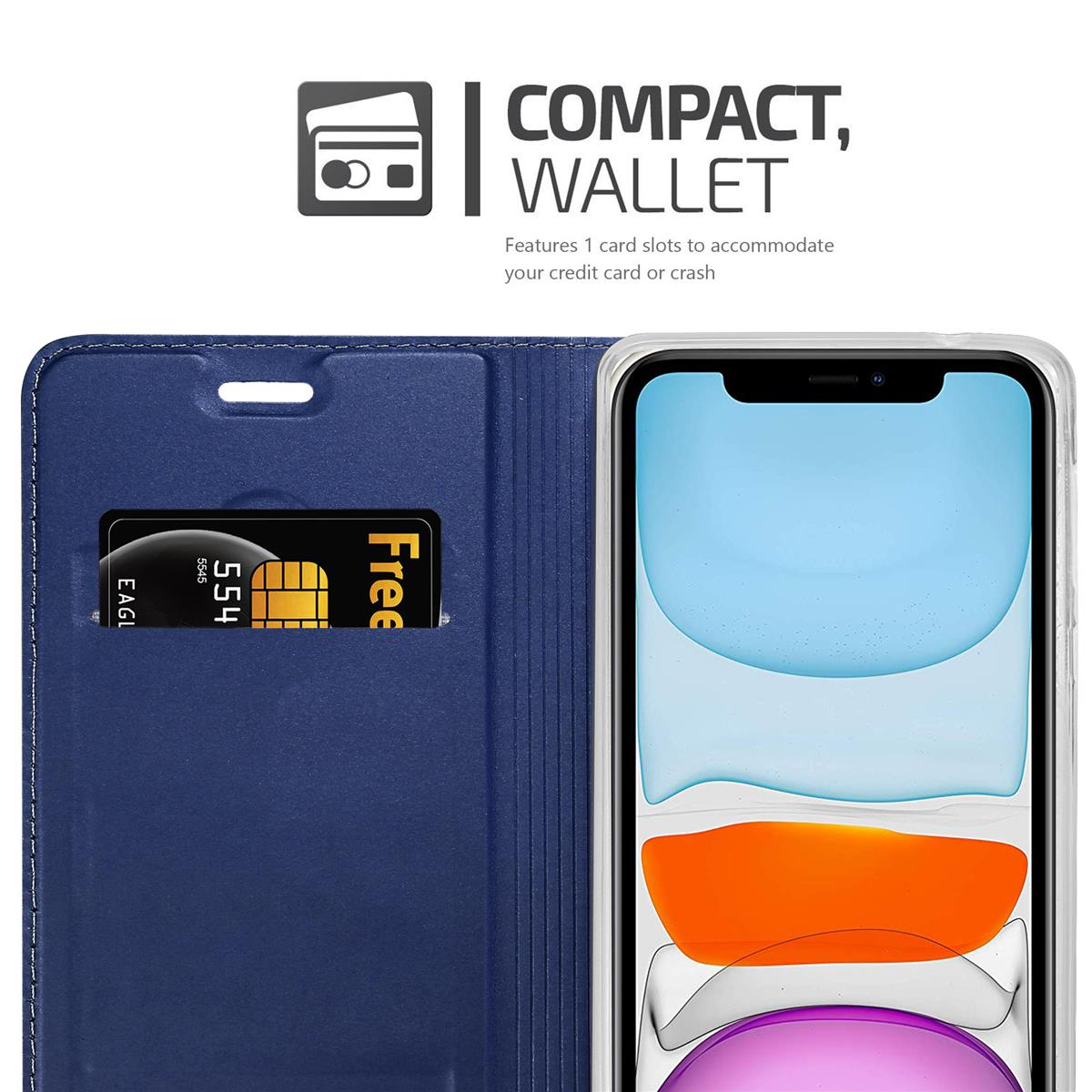 Étui bleu foncé ouvert avec fente pour carte. Carte de crédit insérée. Texte: Compact, portefeuille.