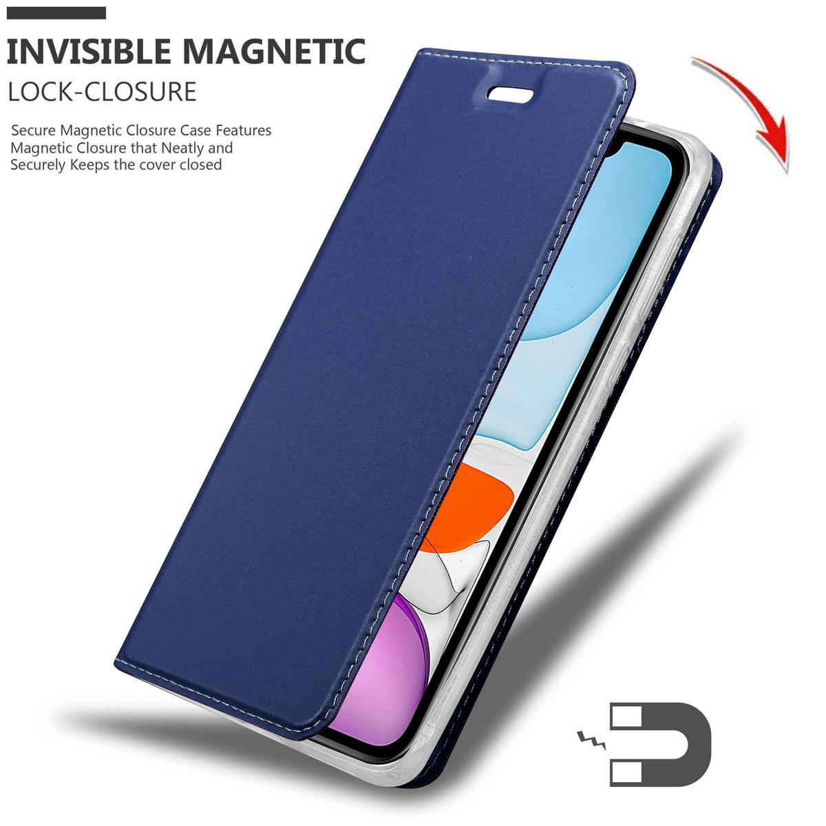 Coque de téléphone bleue avec fermeture magnétique et texte.