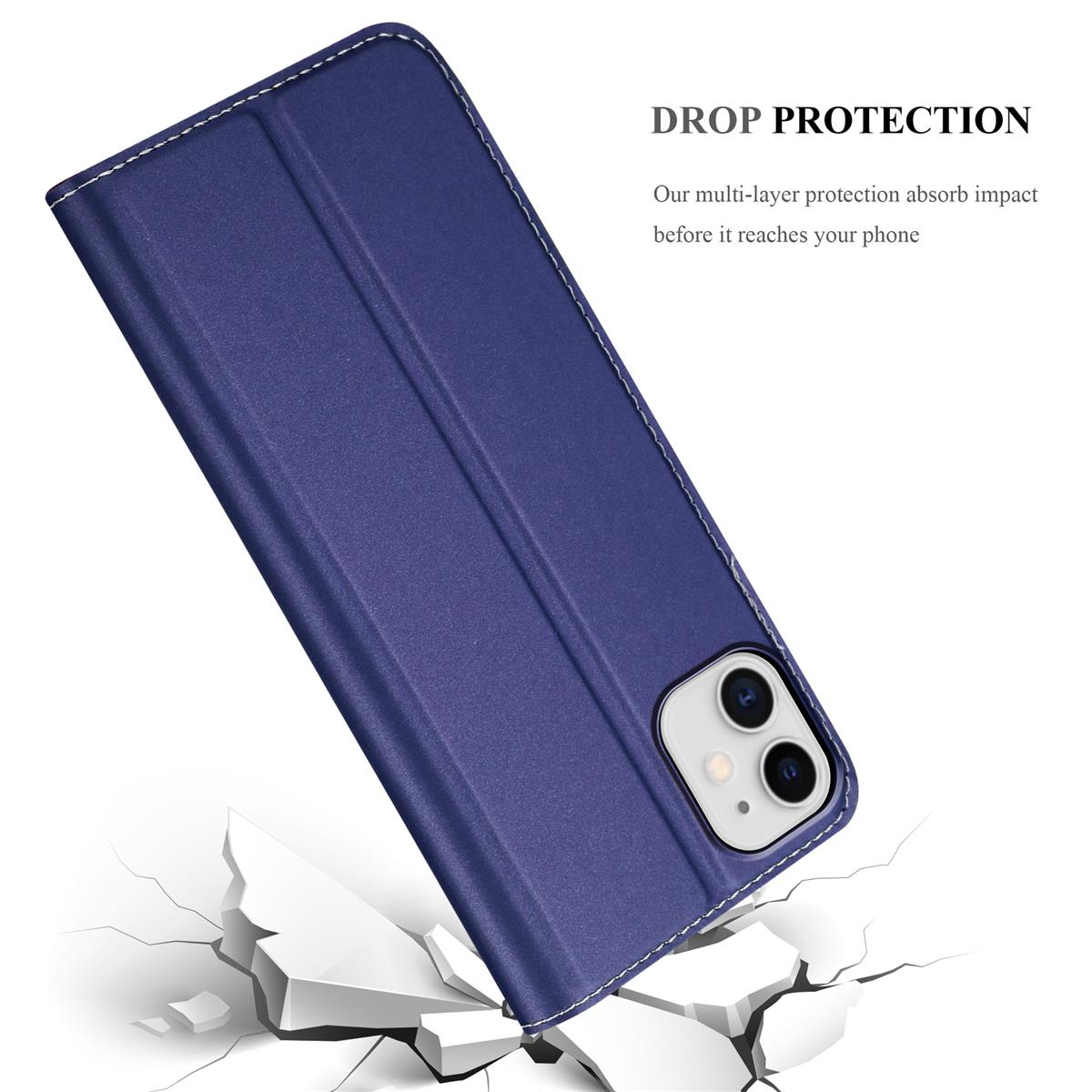 Coque de téléphone bleu foncé, sol fissuré. Le téléphone est à l'intérieur, sur le point de tomber.