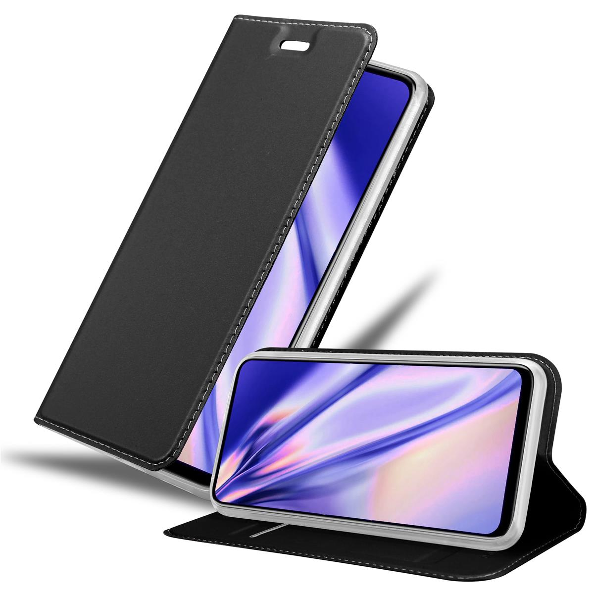 Schwarze Handyhülle, offen, zeigt einen Telefonbildschirm und die Innenhülle.
