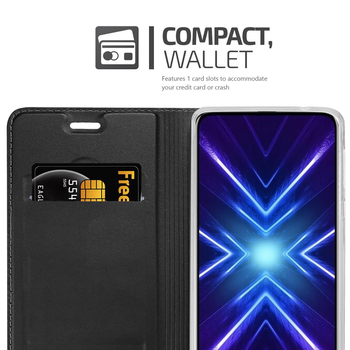 Schwarze Handyhülle mit Kartenfach. Telefonbildschirm mit Neon-Design sichtbar.