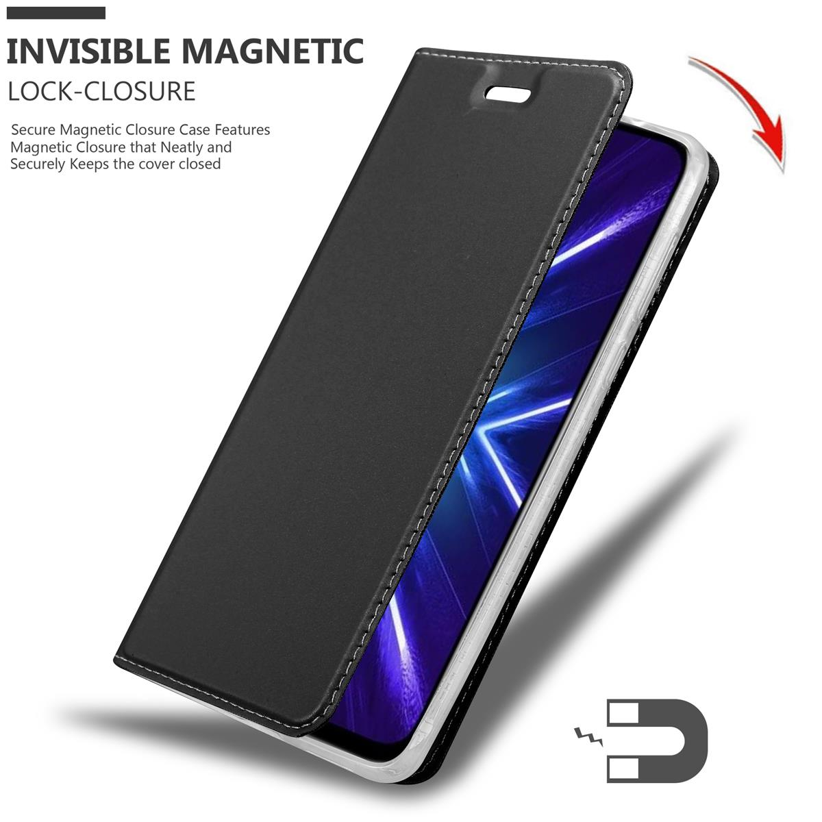 Schwarze Handyhülle mit Magnetverschluss. Geöffnet, um das Telefon zu zeigen. Pfeil zeigt Richtung.