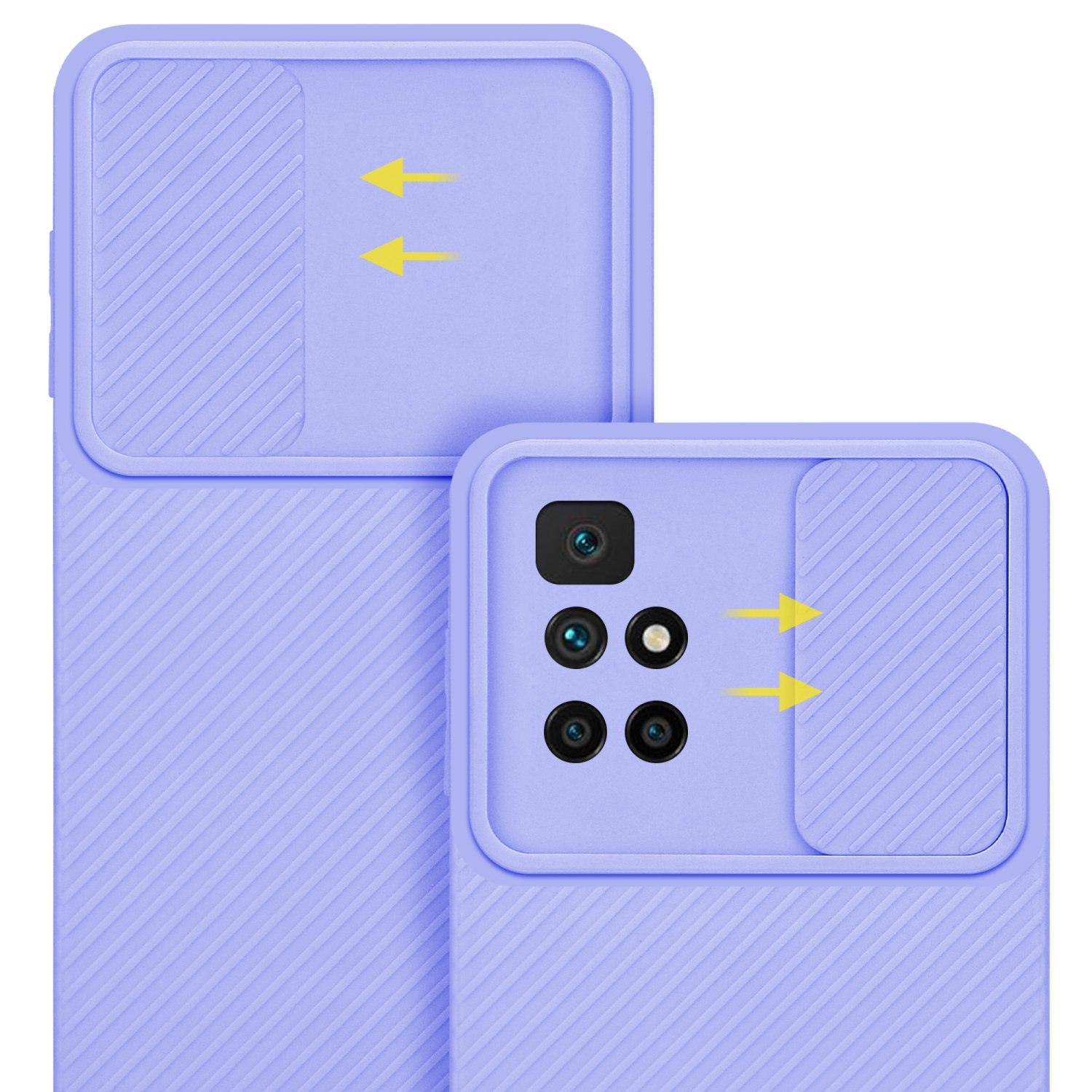 Custodia per telefono viola con copertura scorrevole per fotocamera. Due custodie affiancate.