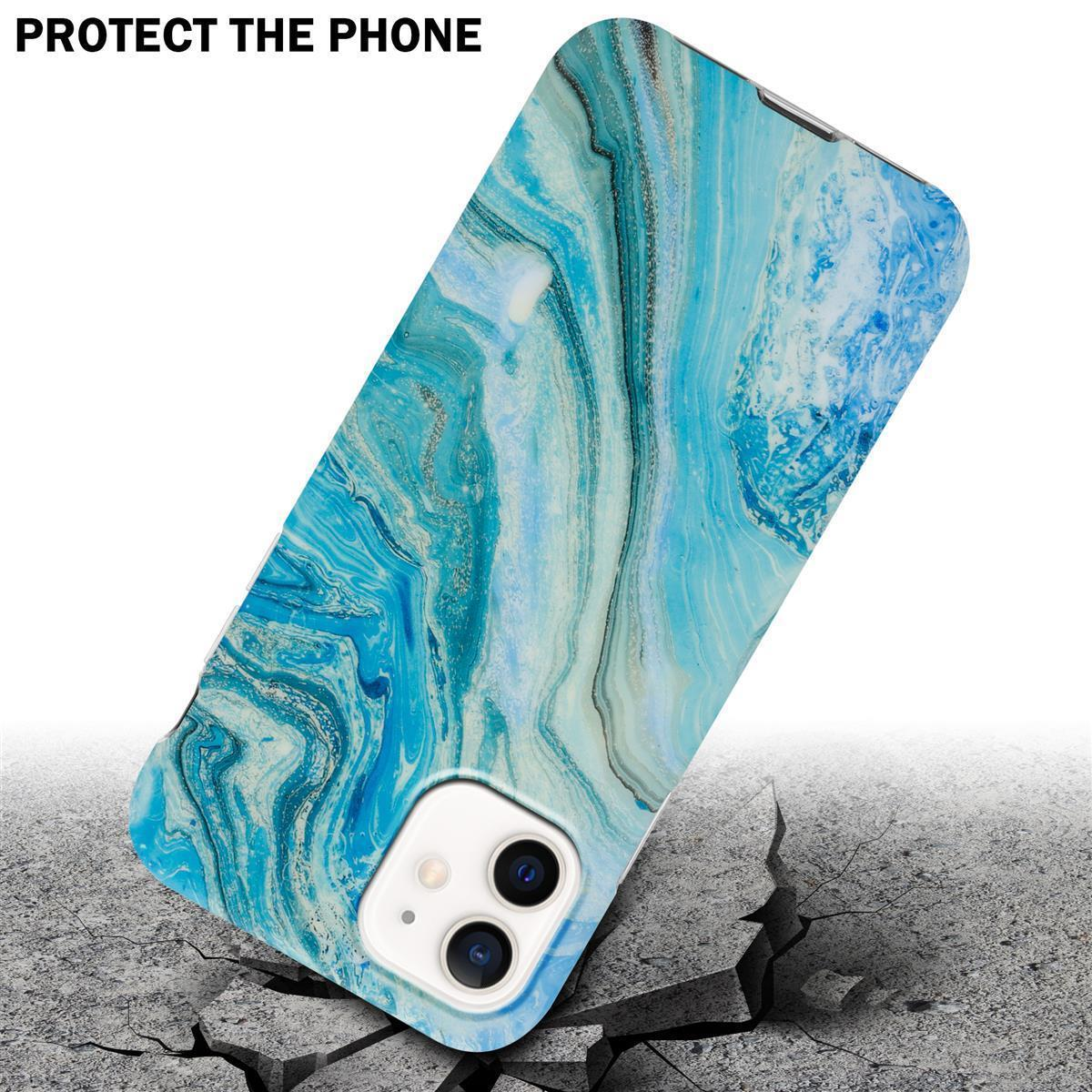 Handyhülle mit blauem Marmordesign auf Beton. Das Telefon wird beim Fallen gezeigt, wobei Risse entstehen.