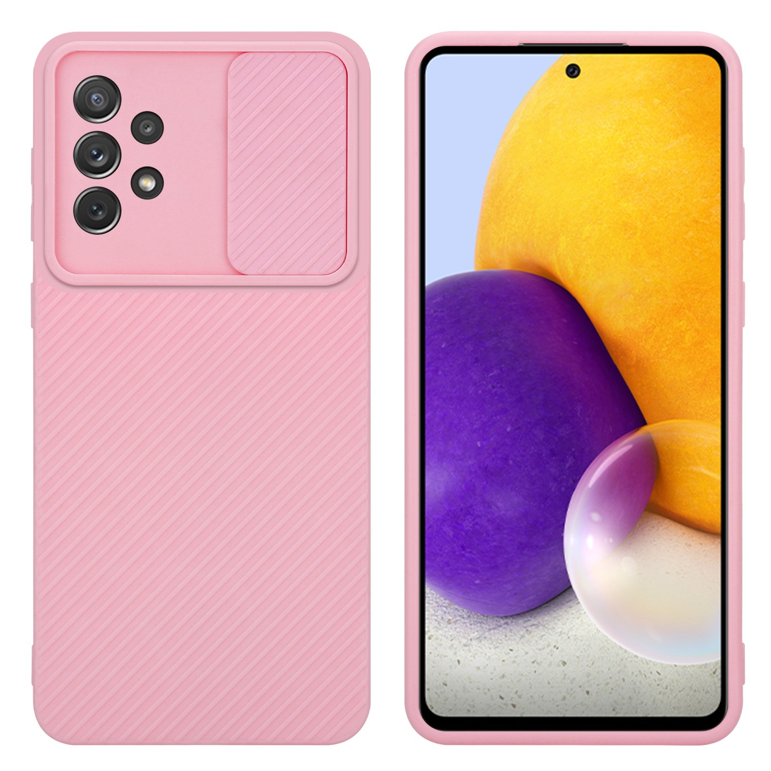 Rosa Telefon mit Hülle, Kameraschutz, weißer Hintergrund.