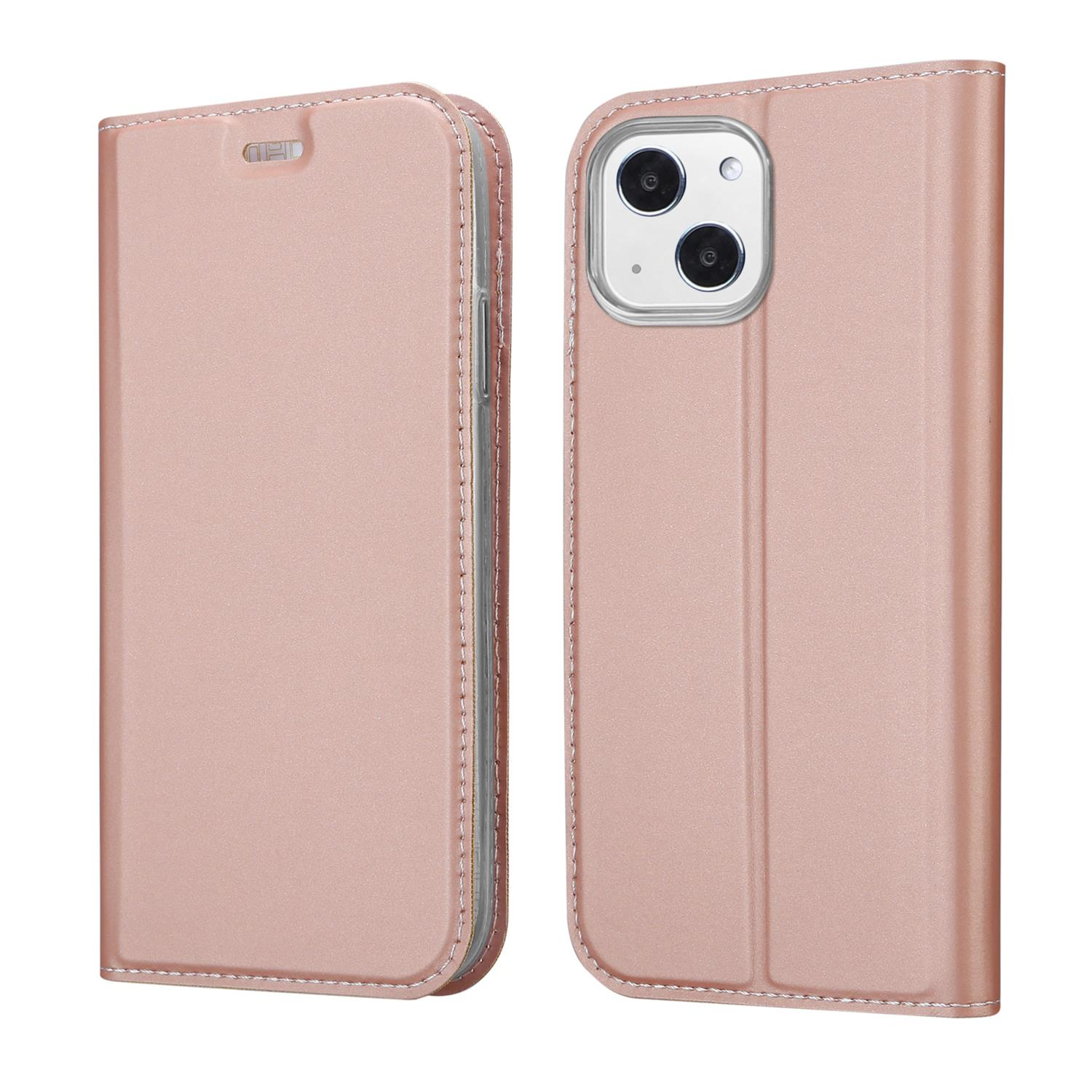 Custodia per telefono color oro rosa, due lati di una custodia a ribalta, che mostra aperto e chiuso.