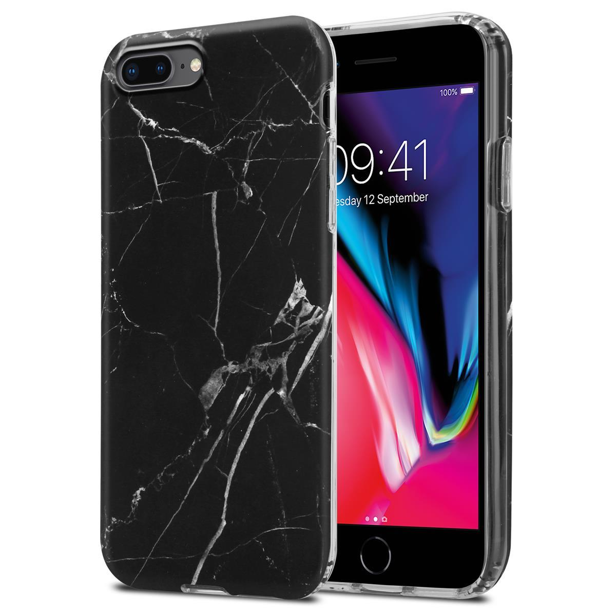 Schwarze Marmor-Handyhülle. Telefon rechts, Hülle links. Hülle hat weiße Aderung.