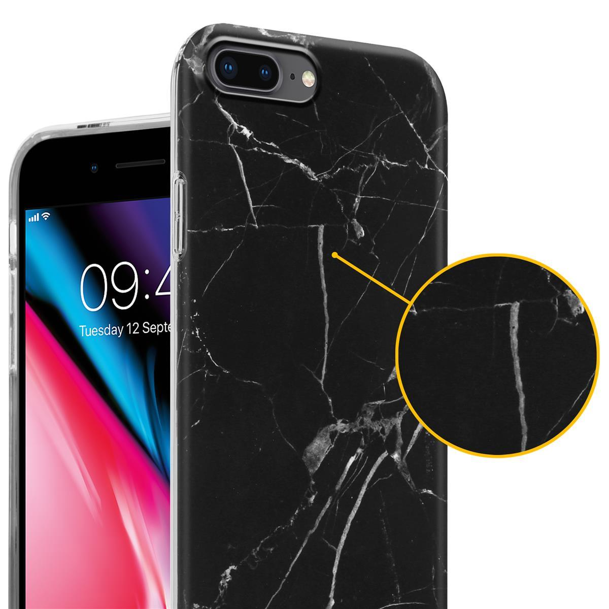 Schwarze Marmor-Handyhülle mit einem Telefon darin und eine Nahaufnahme der Hülle.