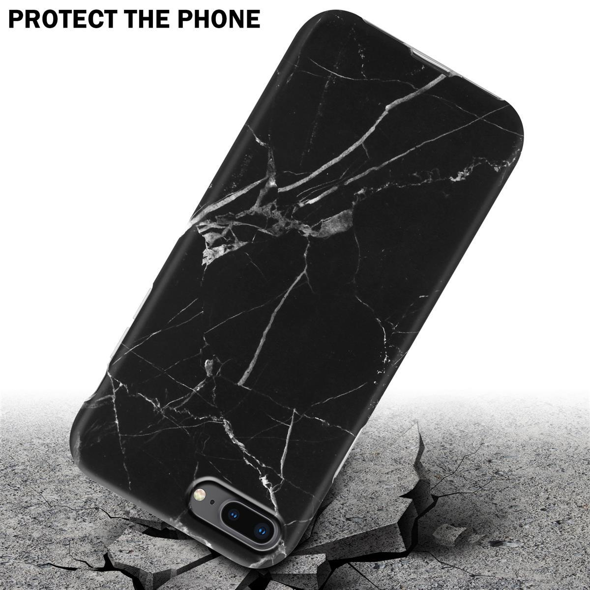 Handyhülle auf zerbrochener Oberfläche. Text: Schütze das Telefon. Schwarze Hülle im Marmorstil.