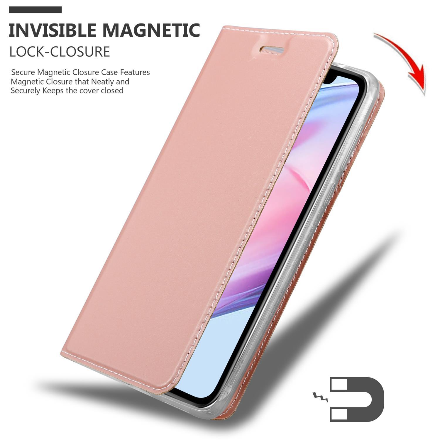 Rosa Handyhülle mit Magnetverschluss-Design. Das Telefon ist innen.