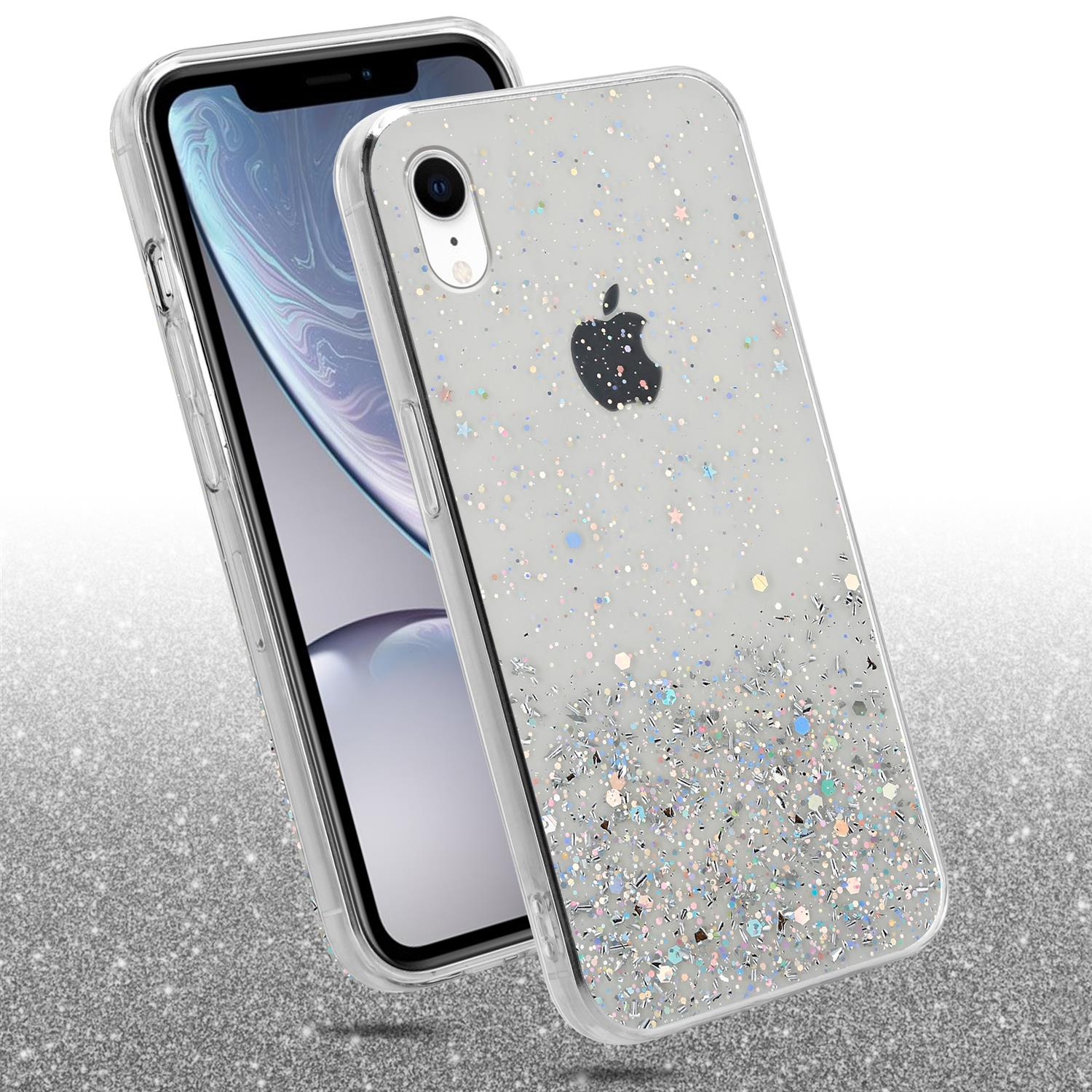 Transparente Handyhülle mit Glitzer über einem Telefon, mit Apple-Logo.