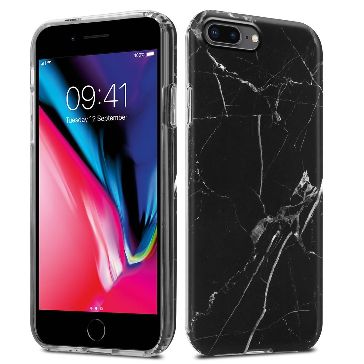 Ein Telefon in einer durchsichtigen Hülle mit einem schwarzen Marmordesign.