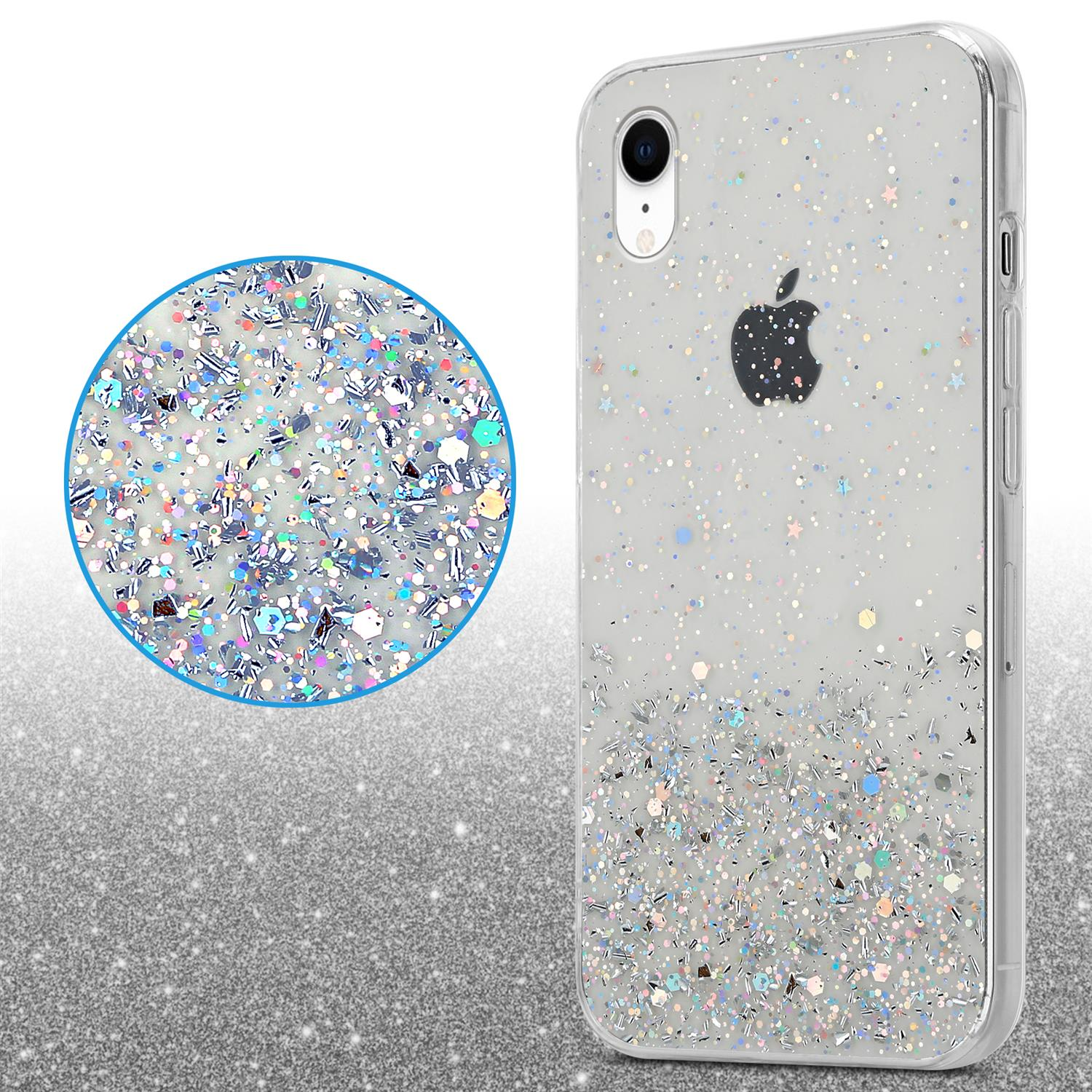 Telefon mit Glitzerhülle. Ein vergrößerter Kreis zeigt die Glitzerdetails. Apple-Logo ist sichtbar.