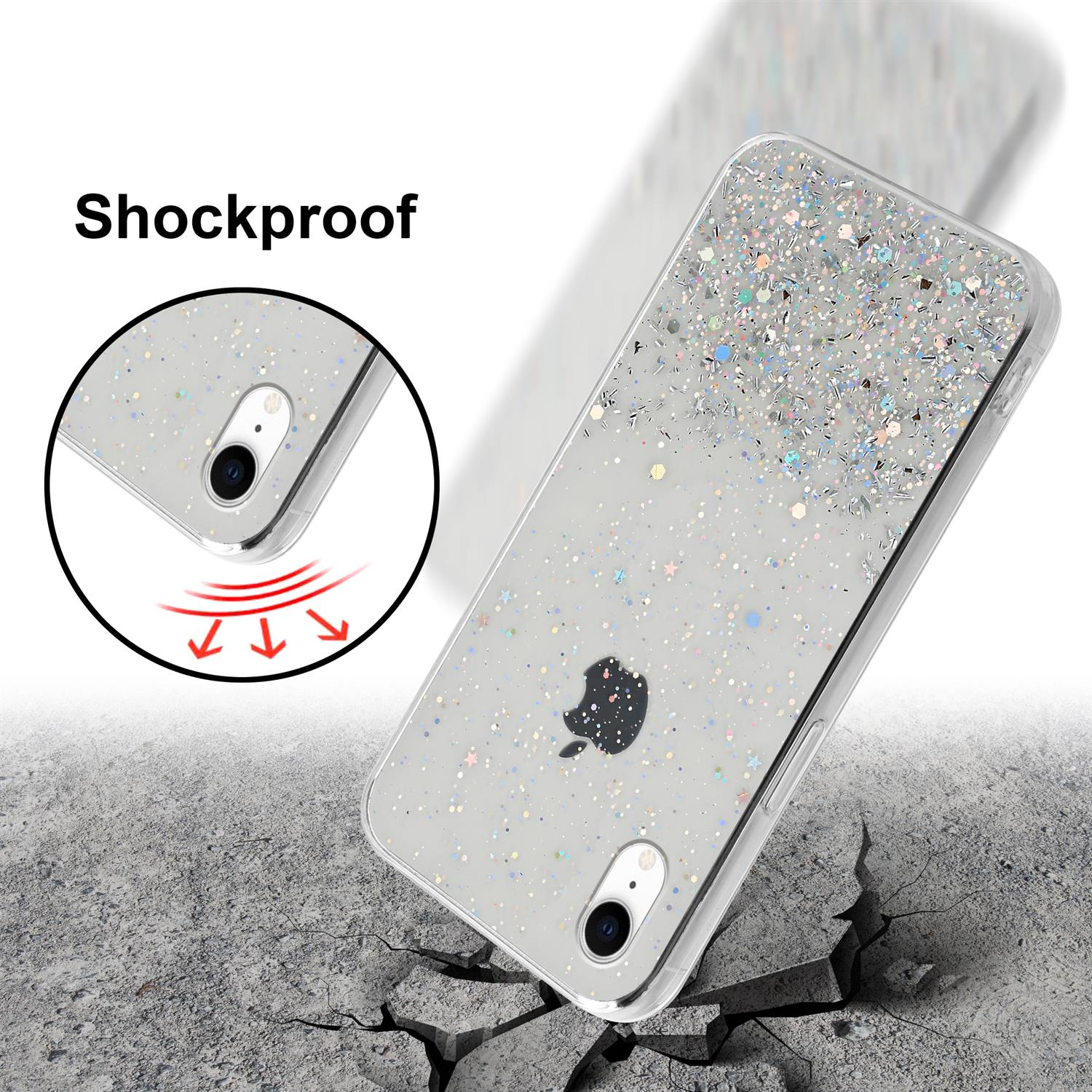 Transparente Handyhülle mit Glitzer. Das Telefon liegt auf einer zerbrochenen Oberfläche. Text: 'Stoßfest'.