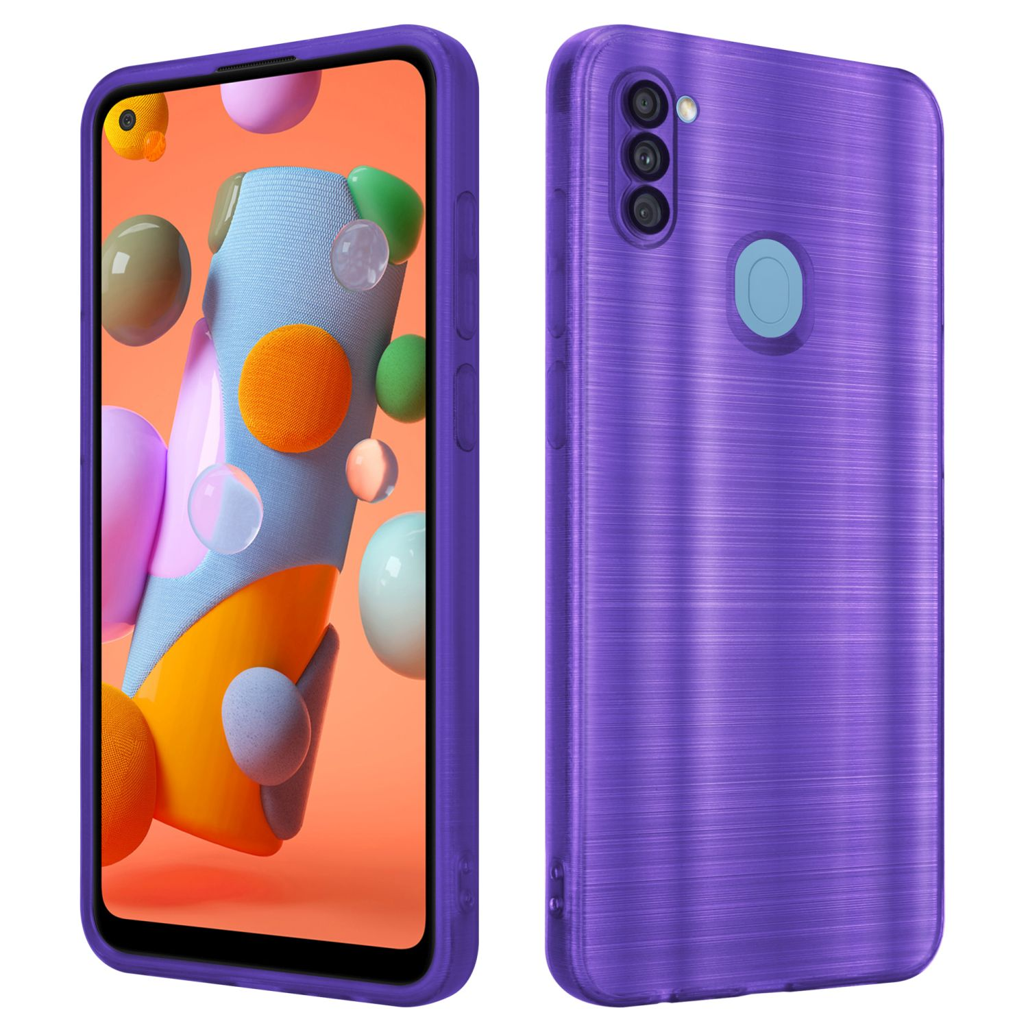 Due telefoni in custodie viola. Uno con display del telefono, l'altro con il retro del telefono.