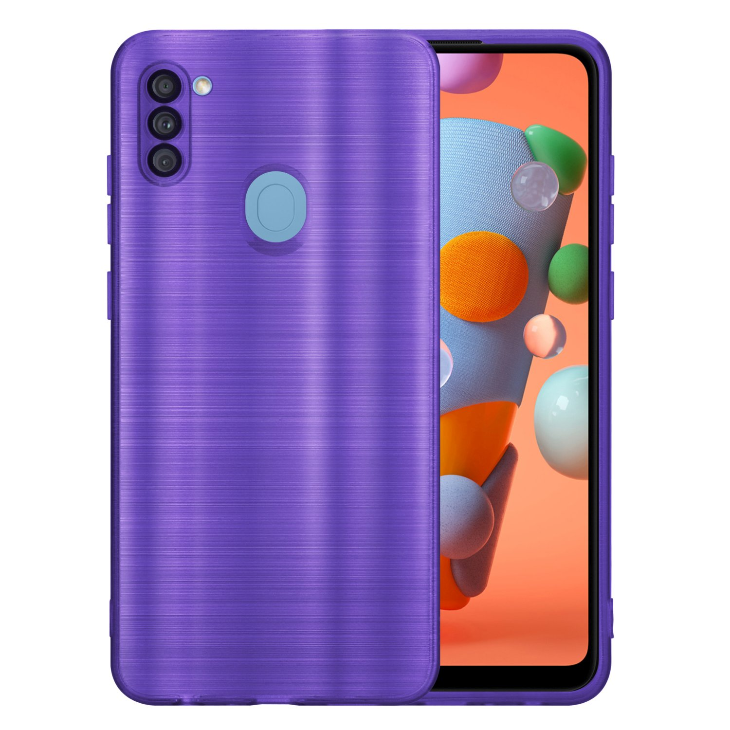 Viene mostrata una custodia per telefono viola con retro strutturato, con un telefono sullo schermo. Il telefono ha una fotocamera e un pulsante.