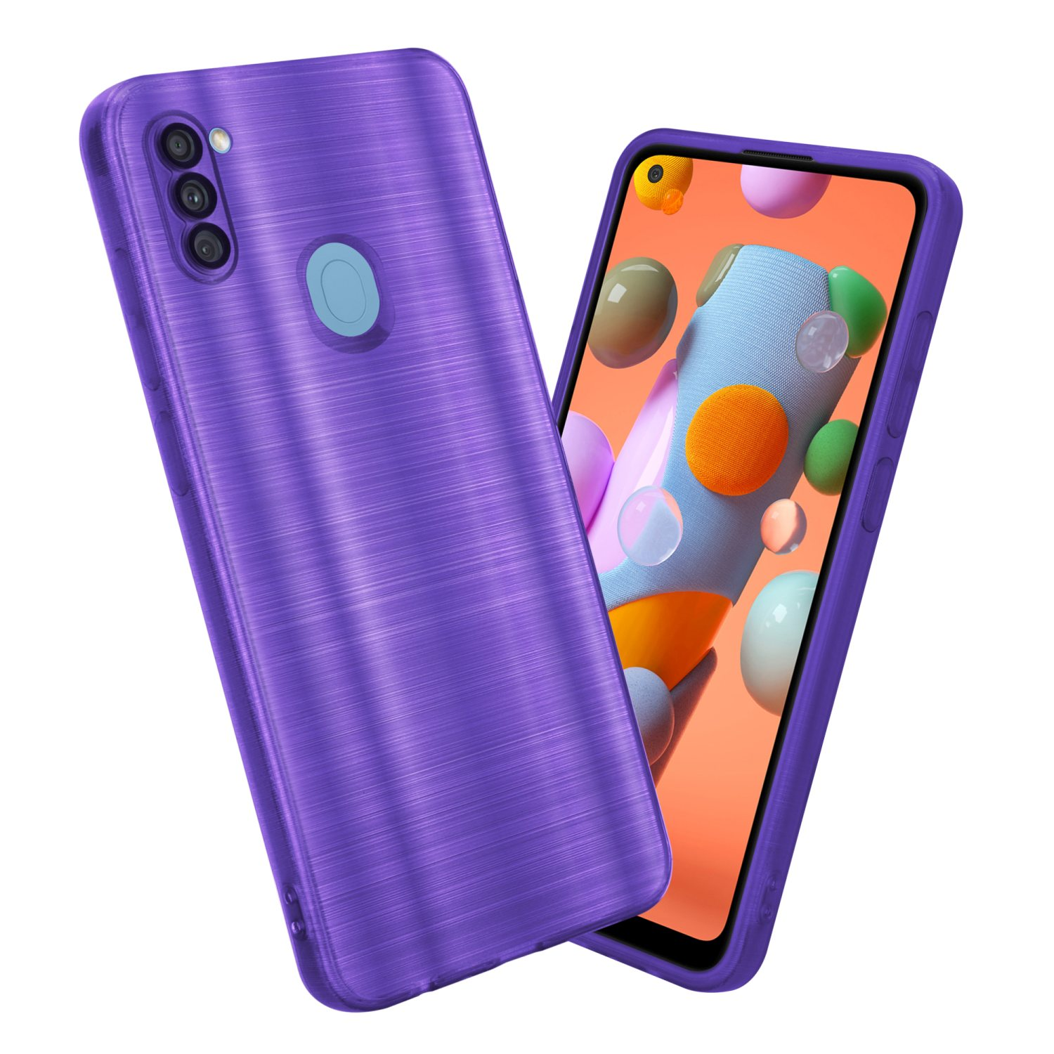 Custodia viola per telefono. Vengono mostrate due viste. Lo schermo del telefono mostra un design colorato. Sfondo bianco.