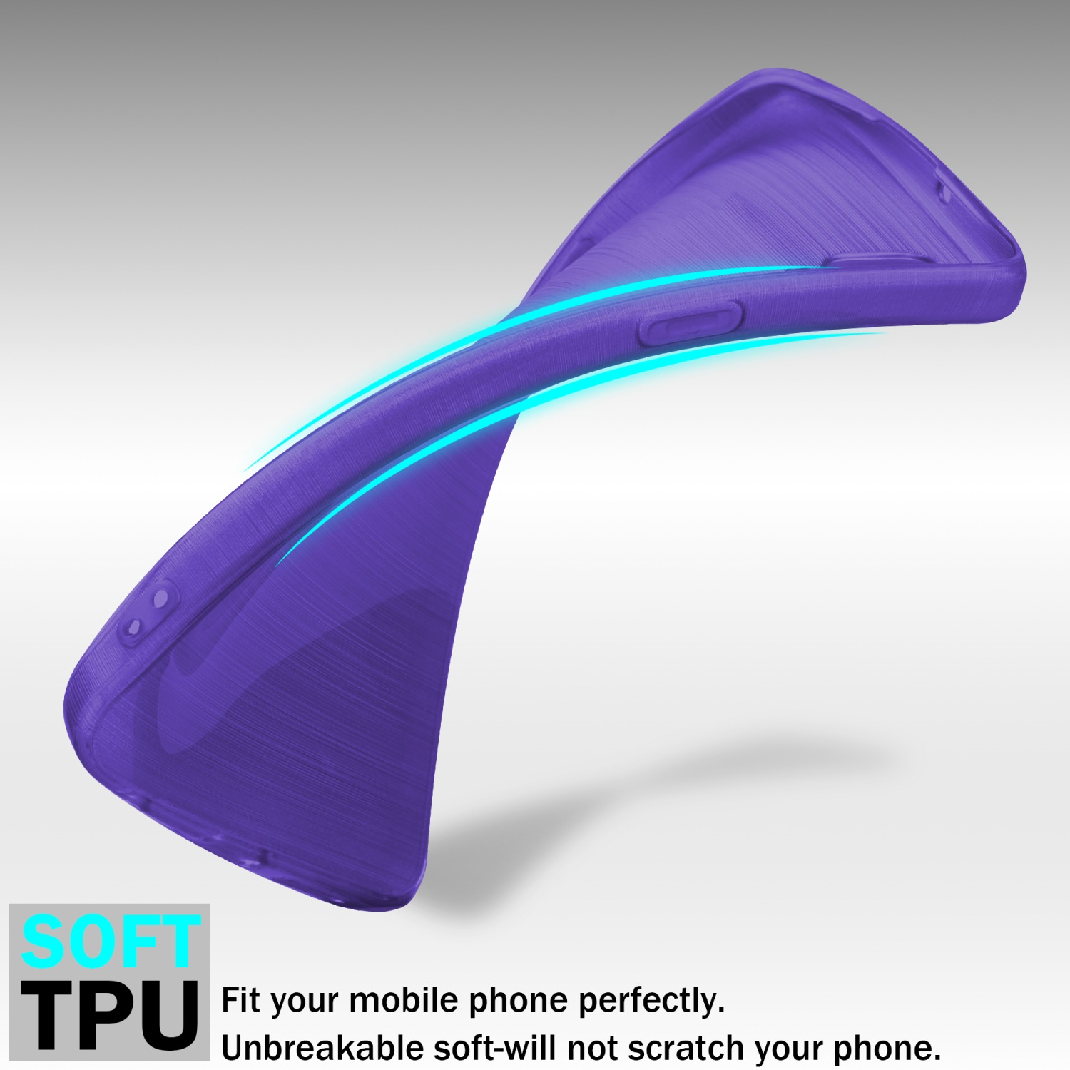 Custodia per telefono viola piegata per mostrare la flessibilità. Testo: SOFT TPU.