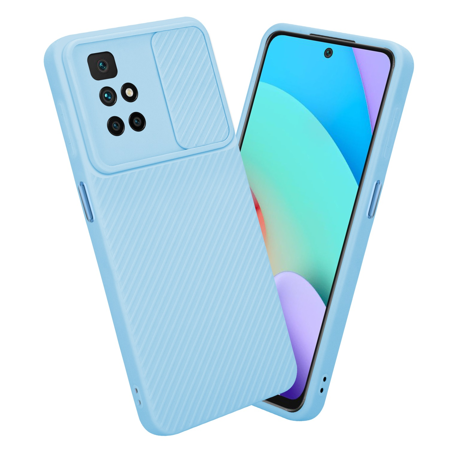 Una custodia per telefono azzurra con cursore per fotocamera e smartphone all'interno.