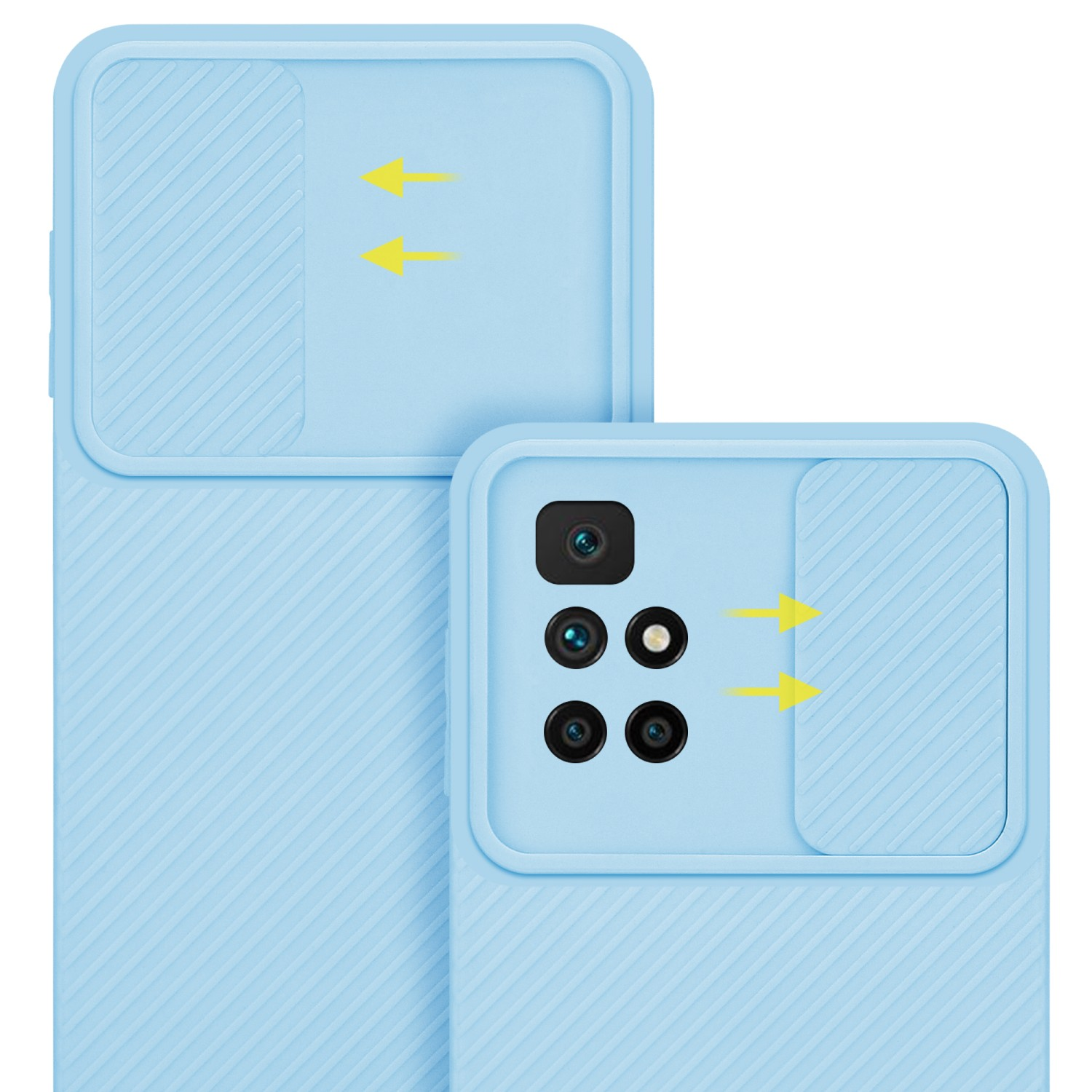 Custodie per telefono azzurre con cursori per fotocamera. Le frecce indicano il movimento del cursore.