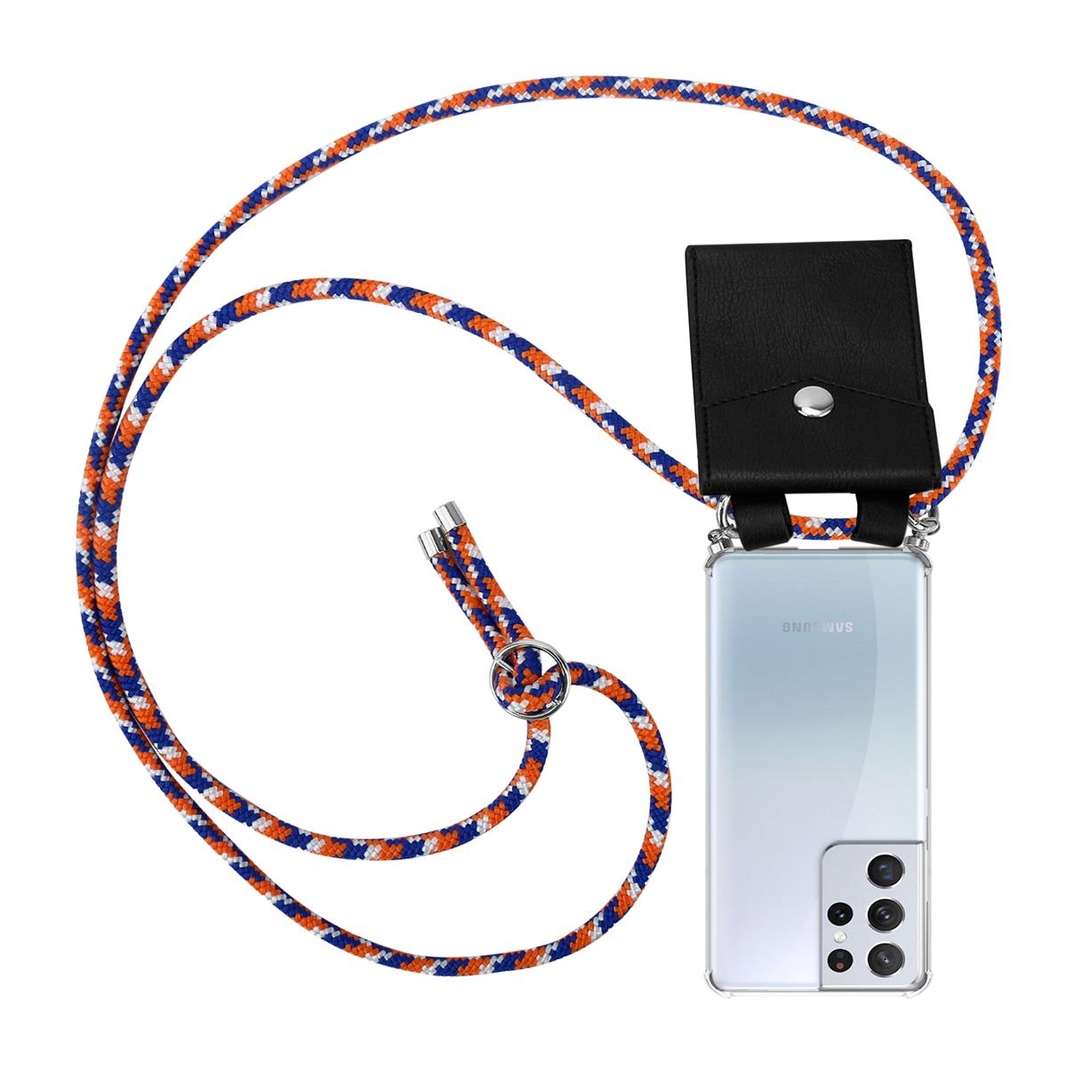 Ein Telefon mit schwarzem Gehäuse und einem farbenfrohen Lanyard. Das Telefon ist durchsichtig, ein Samsung ist sichtbar.
