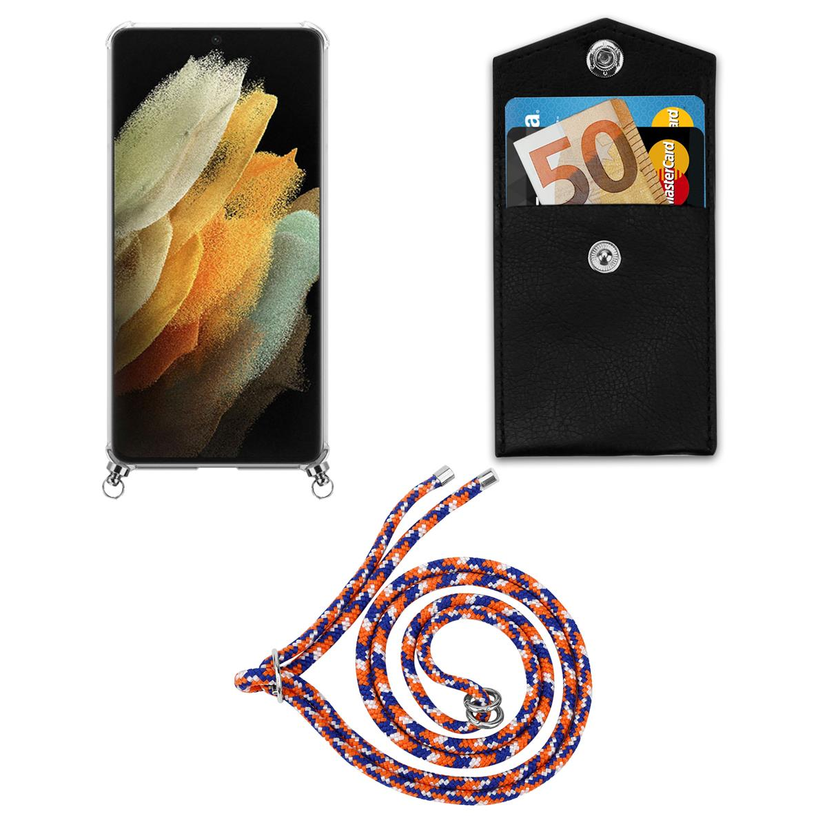Ein Telefon, ein schwarzes Portemonnaie mit Karten und ein blau-orangefarbener Telefonriemen.
