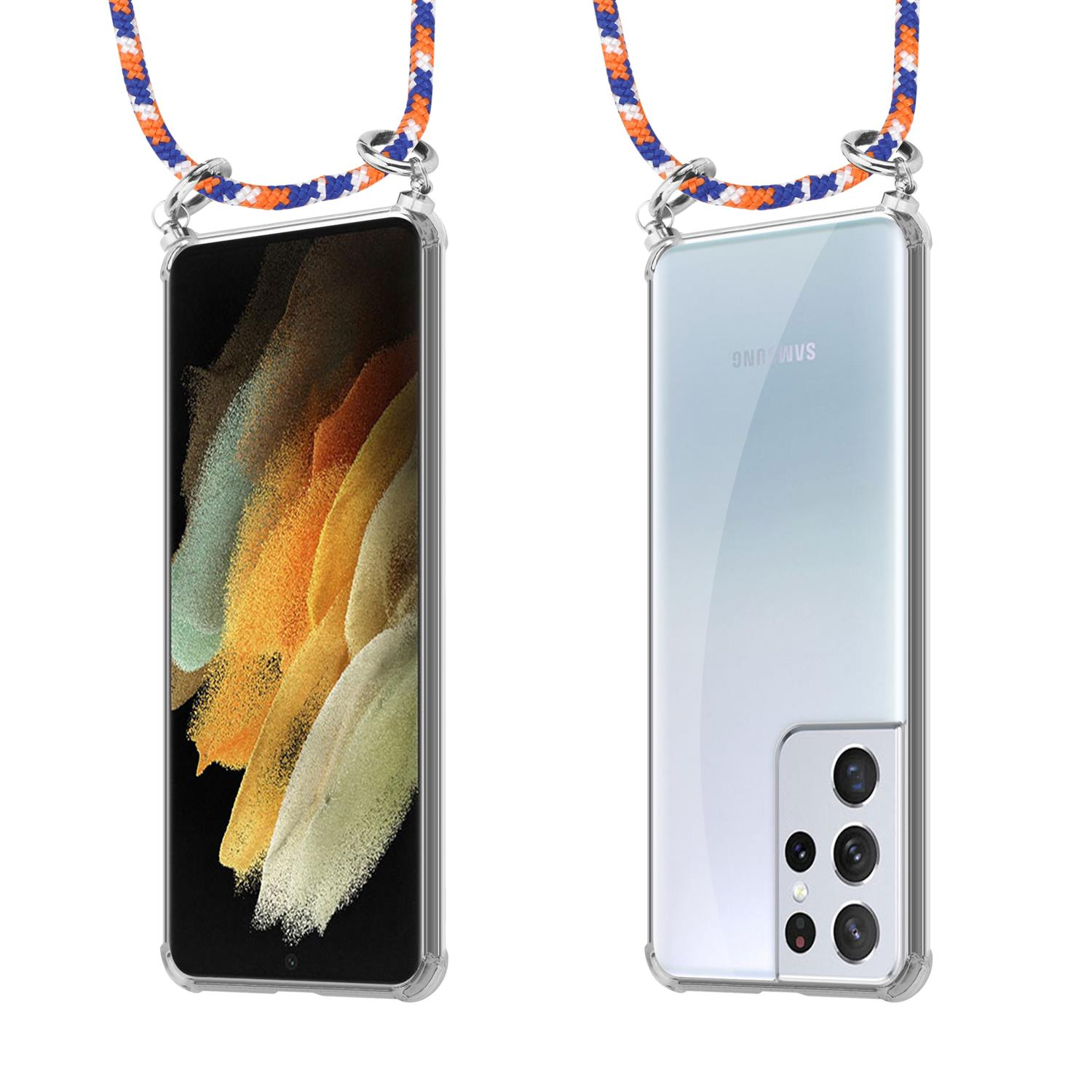 Telefon mit Lanyard. Das Telefon befindet sich in einer transparenten Hülle und hat ein buntes Seil um den Hals.