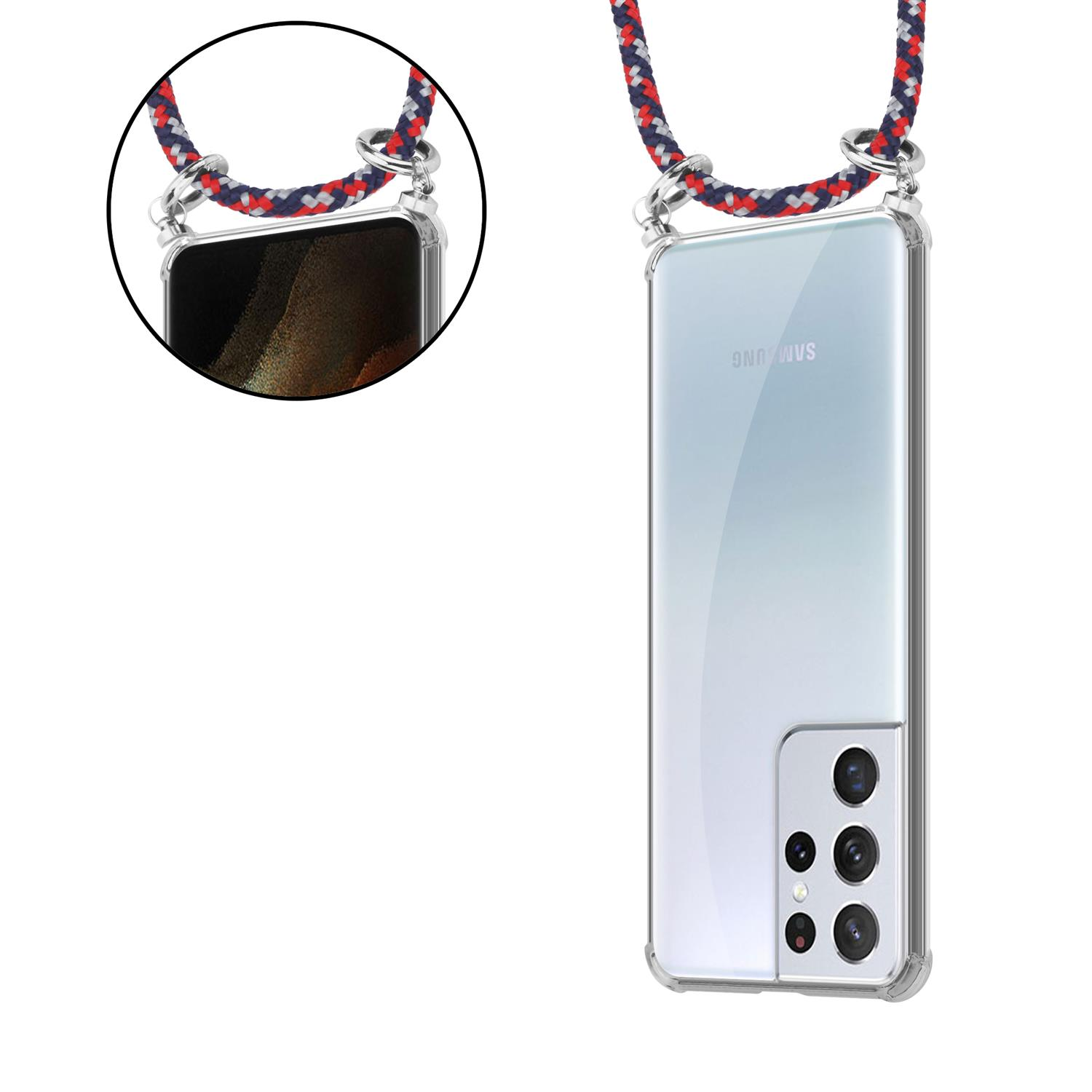 Telefon mit klarer Hülle und einem gemusterten Gurt. Der Gurt hat Weiß, Rot und Blau.