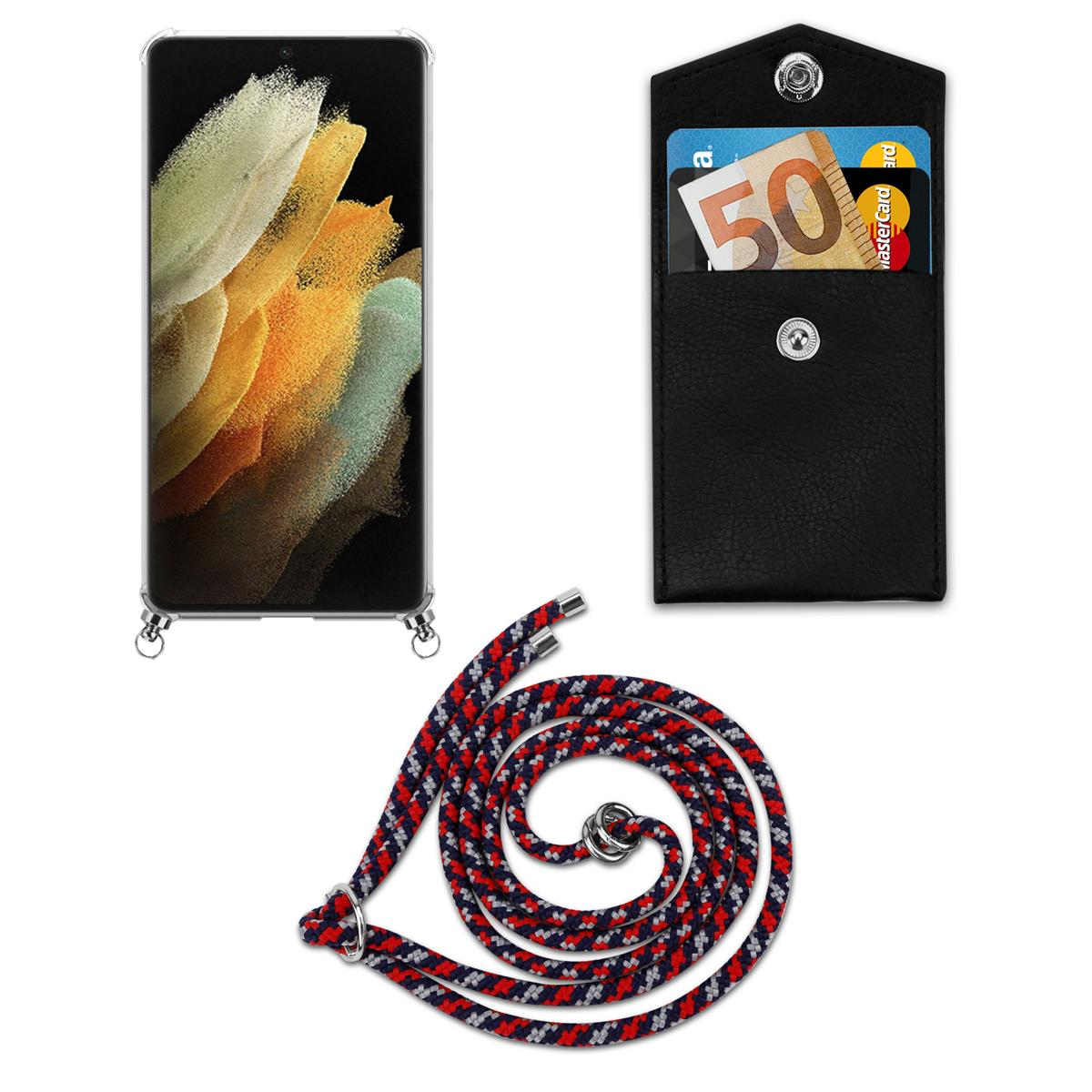 Telefon mit Hülle, Riemen und Kartenhalter. Karten sind drin.