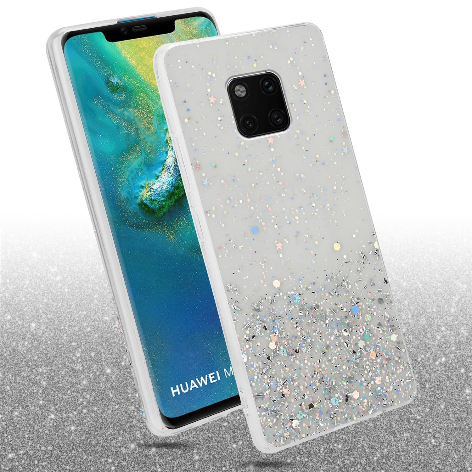 Eine Handyhülle mit Glitzer. Das Telefon befindet sich auf der linken Seite. Glitzer am Boden der Hülle.