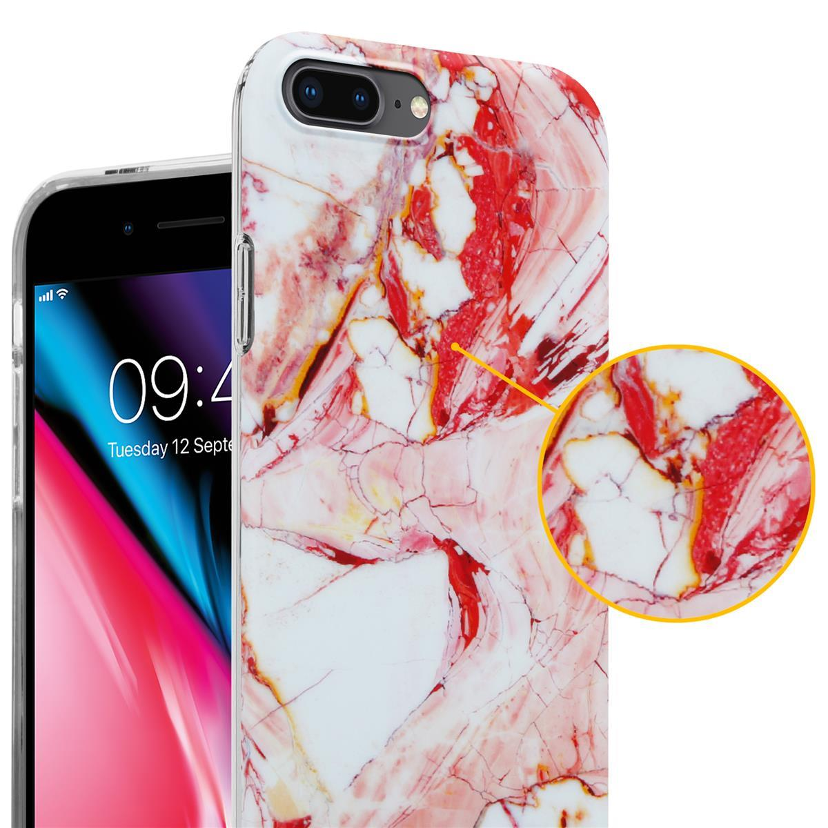 Telefon in einer Hülle mit Marmormuster. Nahaufnahme zeigt rote und weiße Wirbel. Weißer Hintergrund.