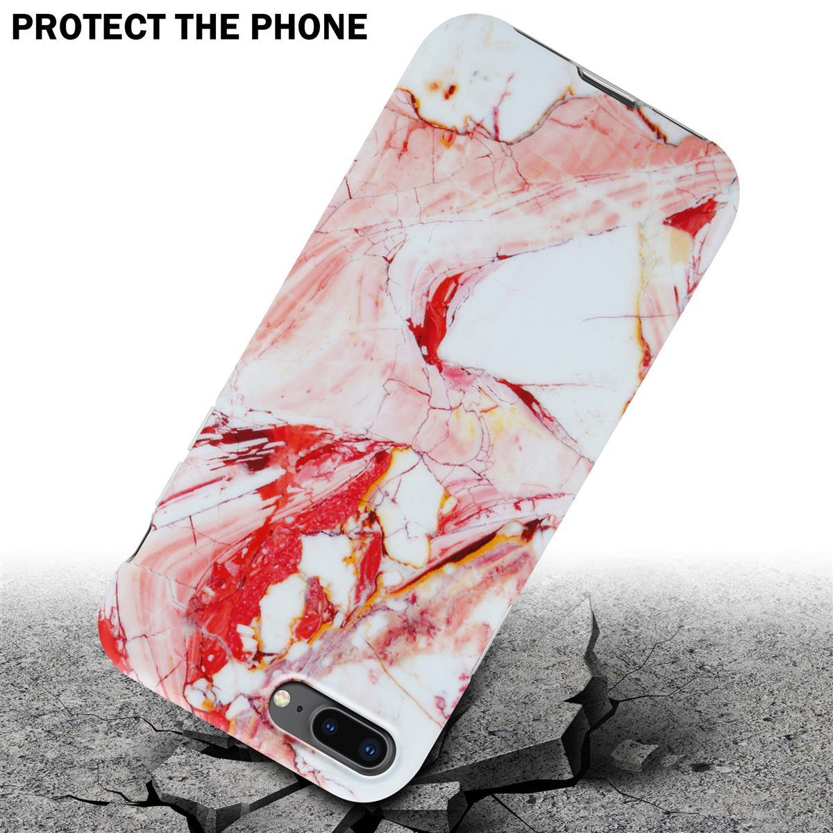 Telefon in roter Marmor-Hülle auf zerbrochener Oberfläche. Text: 'Schütze das Telefon'.