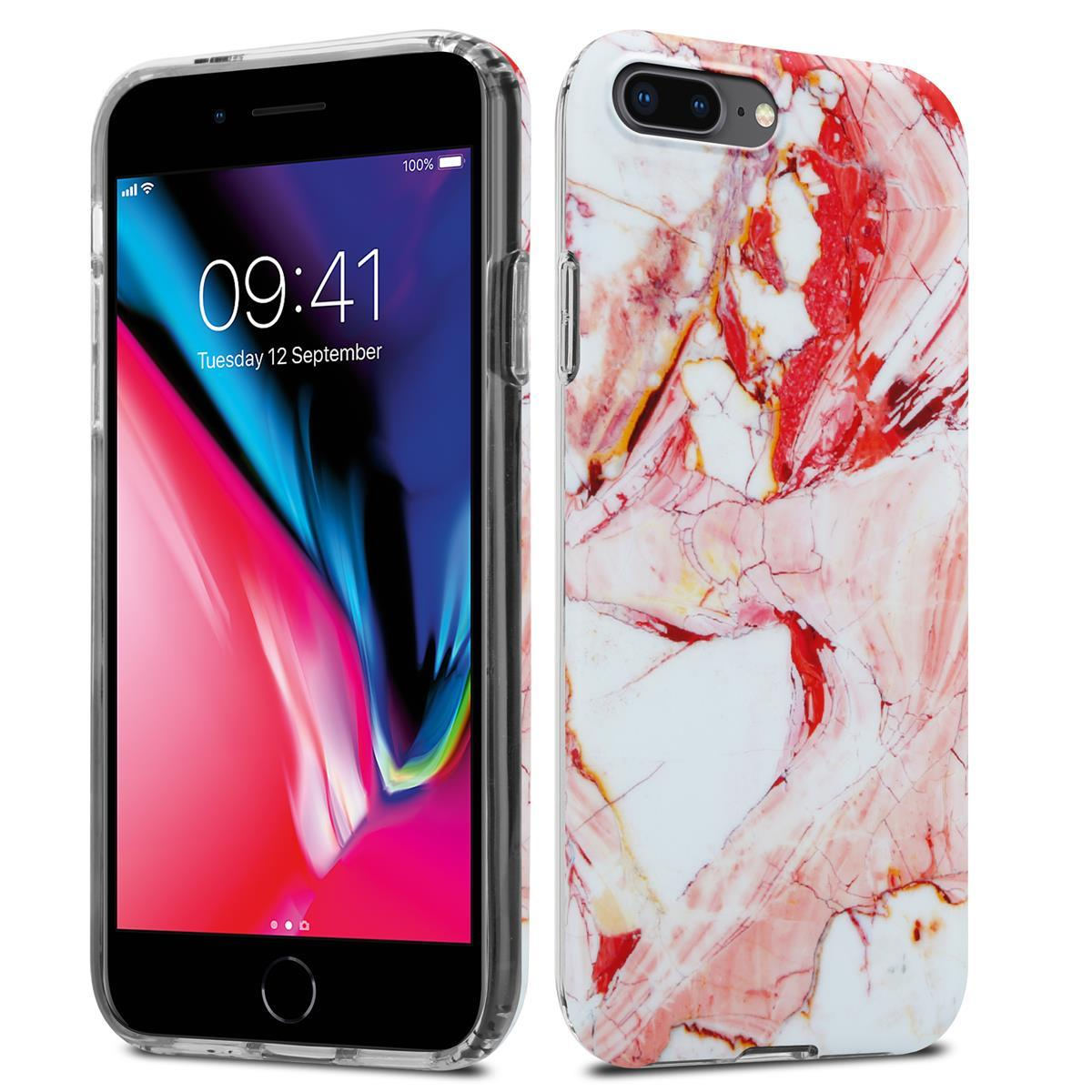 iPhone in einer Hülle. Die Hülle ist transparent mit Marmordesign. Der Bildschirm zeigt App-Symbole.