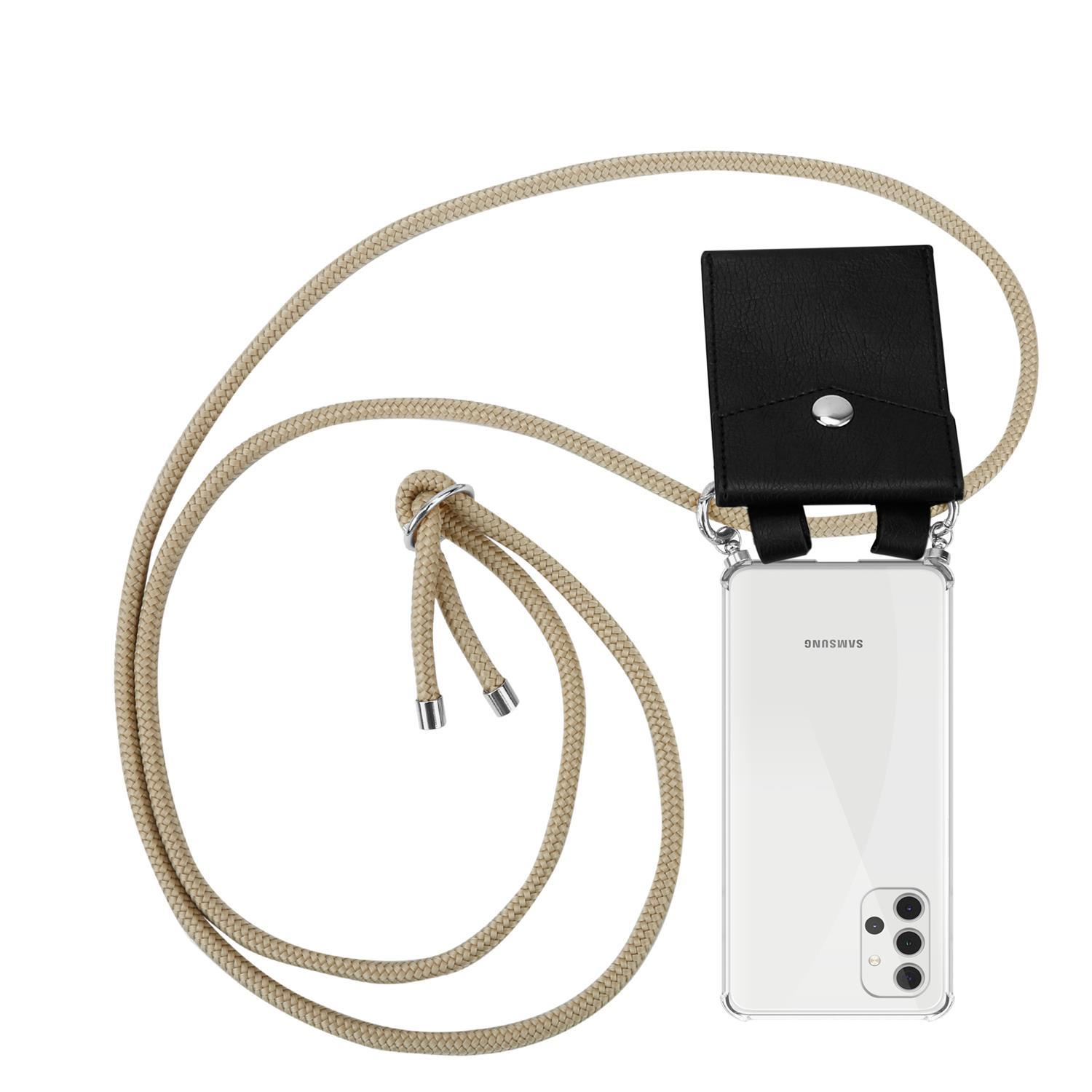 Beiges Telefon-Umhängeband mit schwarzer Handyhülle.