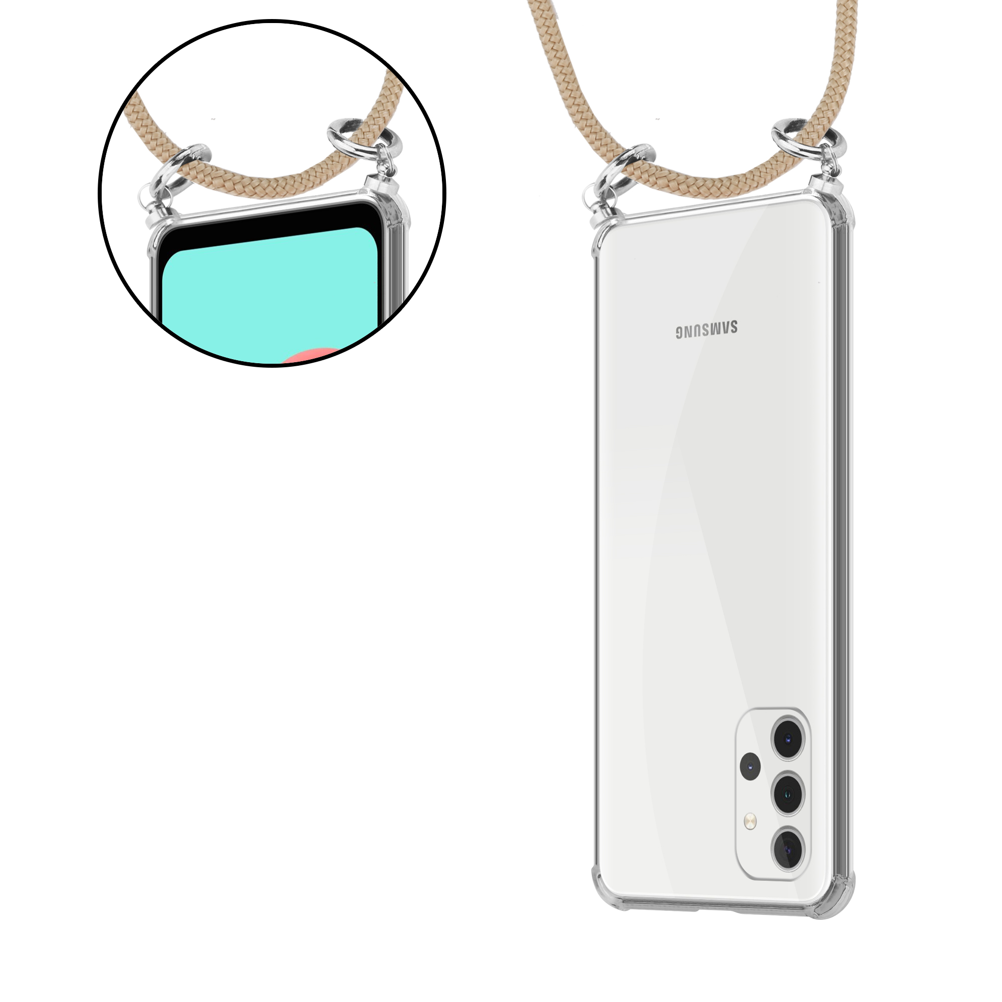 Transparente Handyhülle mit beigem Seilriemen. Ein Telefon ist in der Hülle sichtbar. Nahaufnahme des Riemenanschlusses.