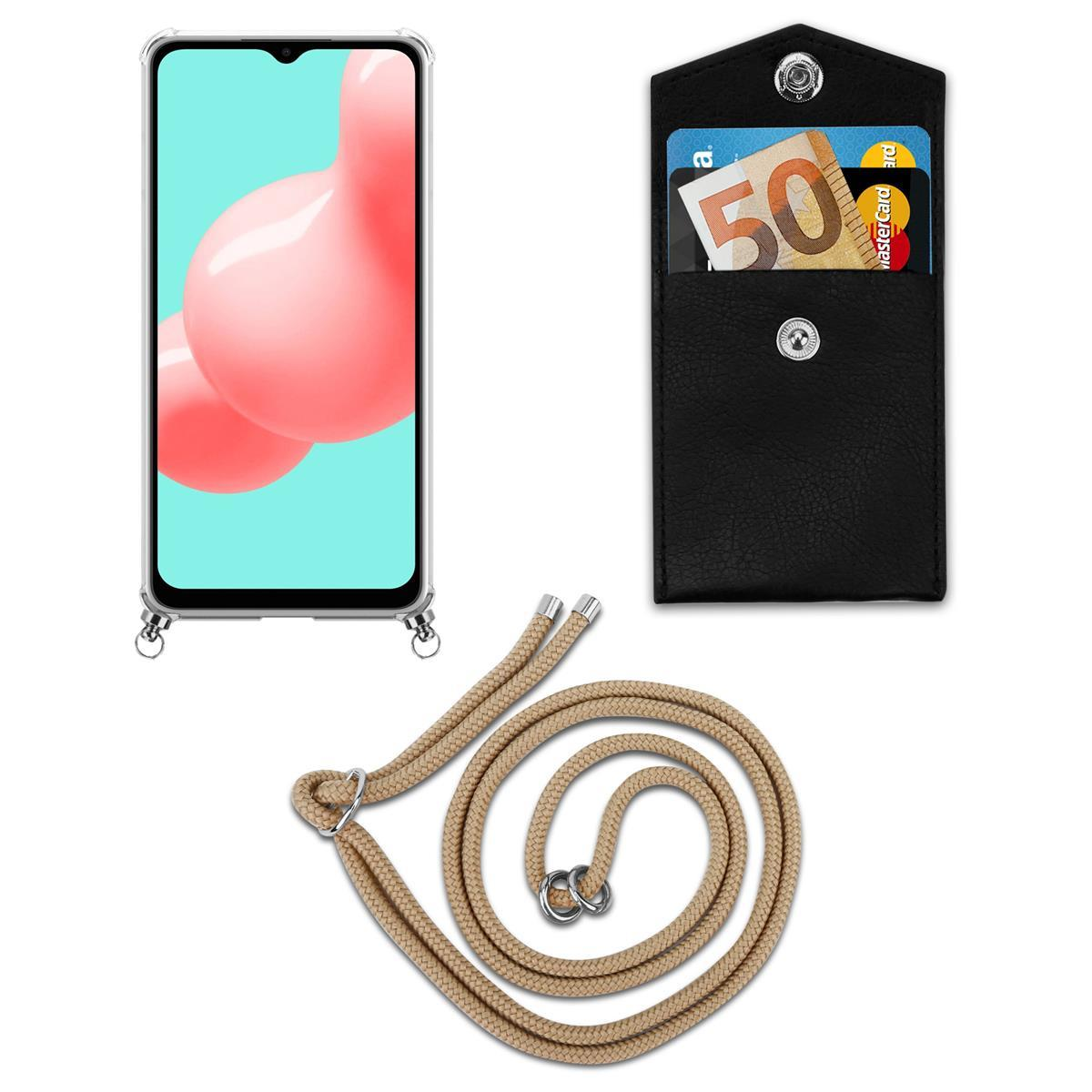 Ein Telefon mit durchsichtiger Hülle und Umhängeband. Ein schwarzes Täschchen mit Karten und Bargeld. Beiges Seil.