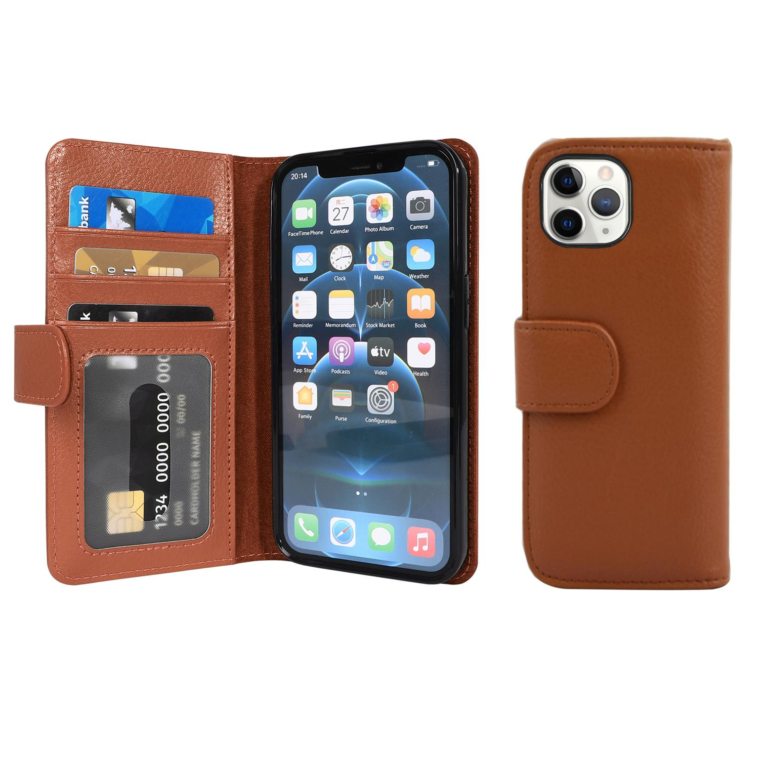 Braune Leder-Handyhülle, offen mit Karten und Telefon. Weißer Hintergrund.