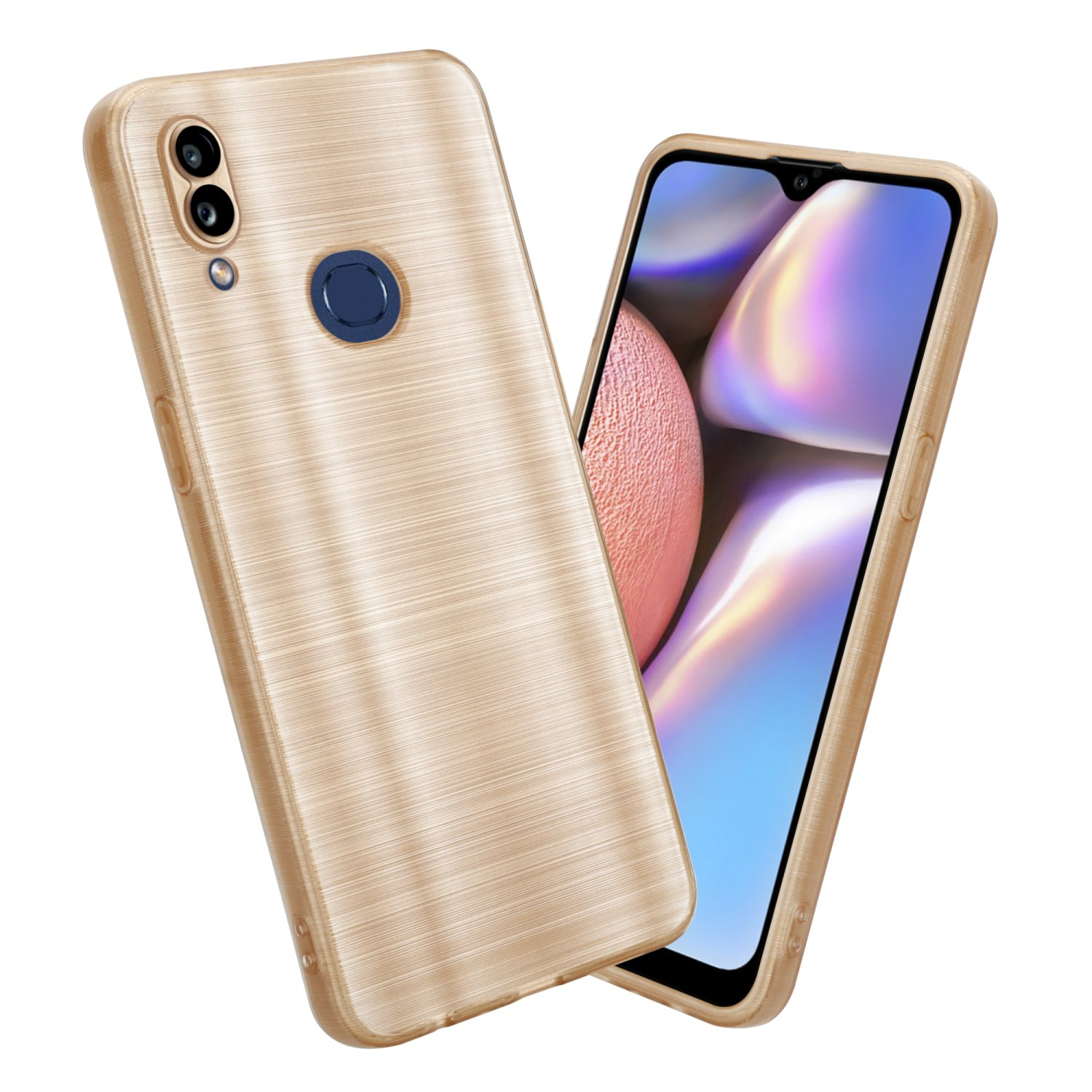 Custodia per telefono oro con un telefono. Il telefono ha uno sfondo blu e bianco.