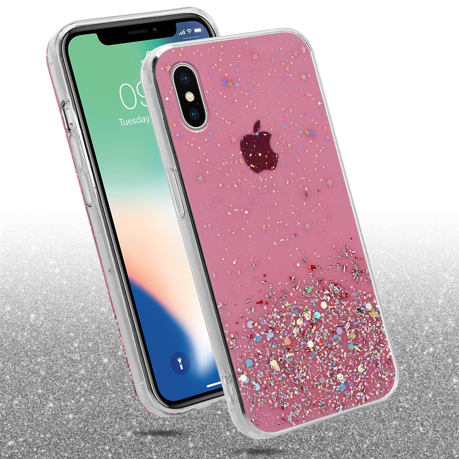 Zwei Handyhüllen, eine rosa mit Glitzer und die andere mit dem Telefon darin.