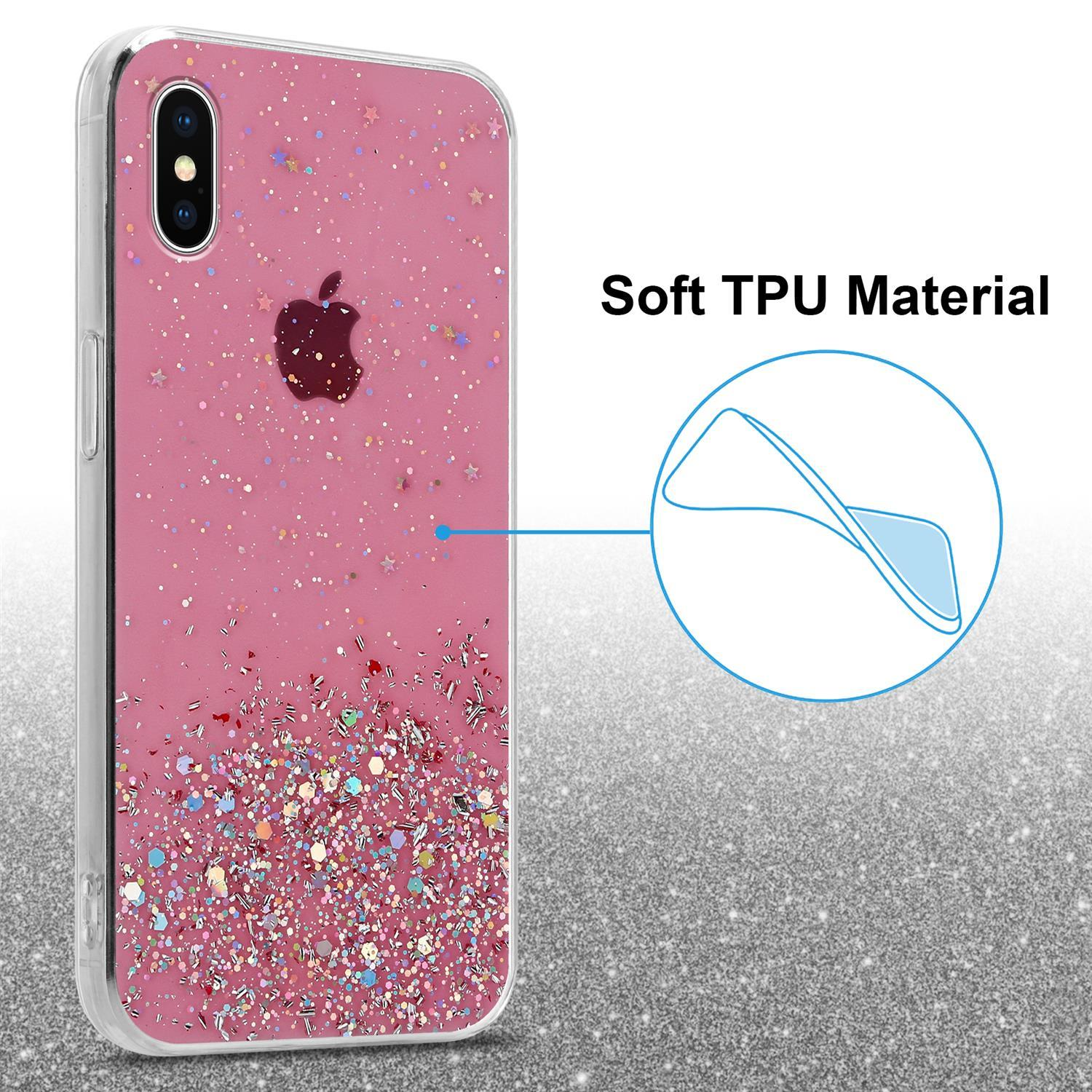 Rosa Handyhülle mit Glitzer und Apple Logo. Text: 'Soft TPU Material'.