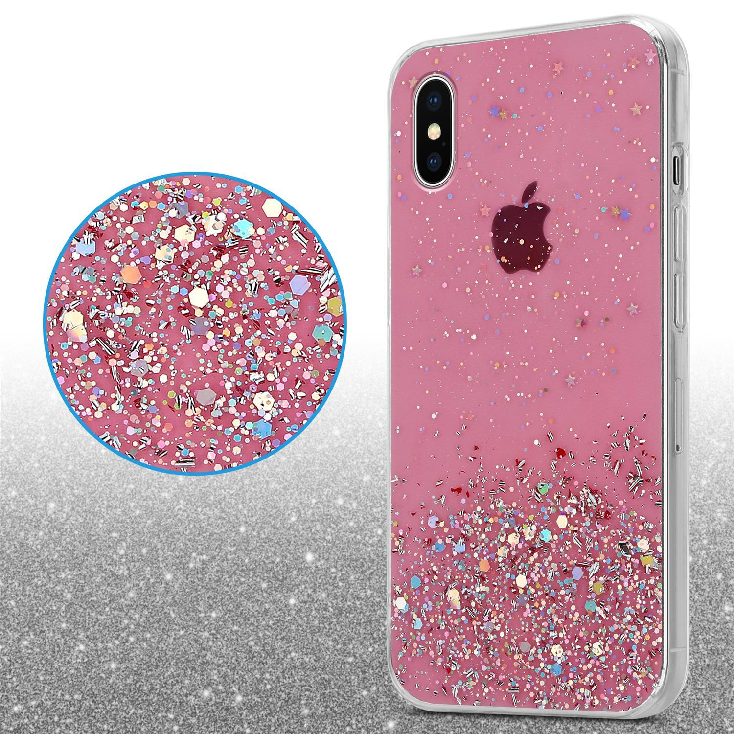 Rosa Handyhülle mit Glitzer auf der Rückseite. Apple-Logo. Weißer Hintergrund.