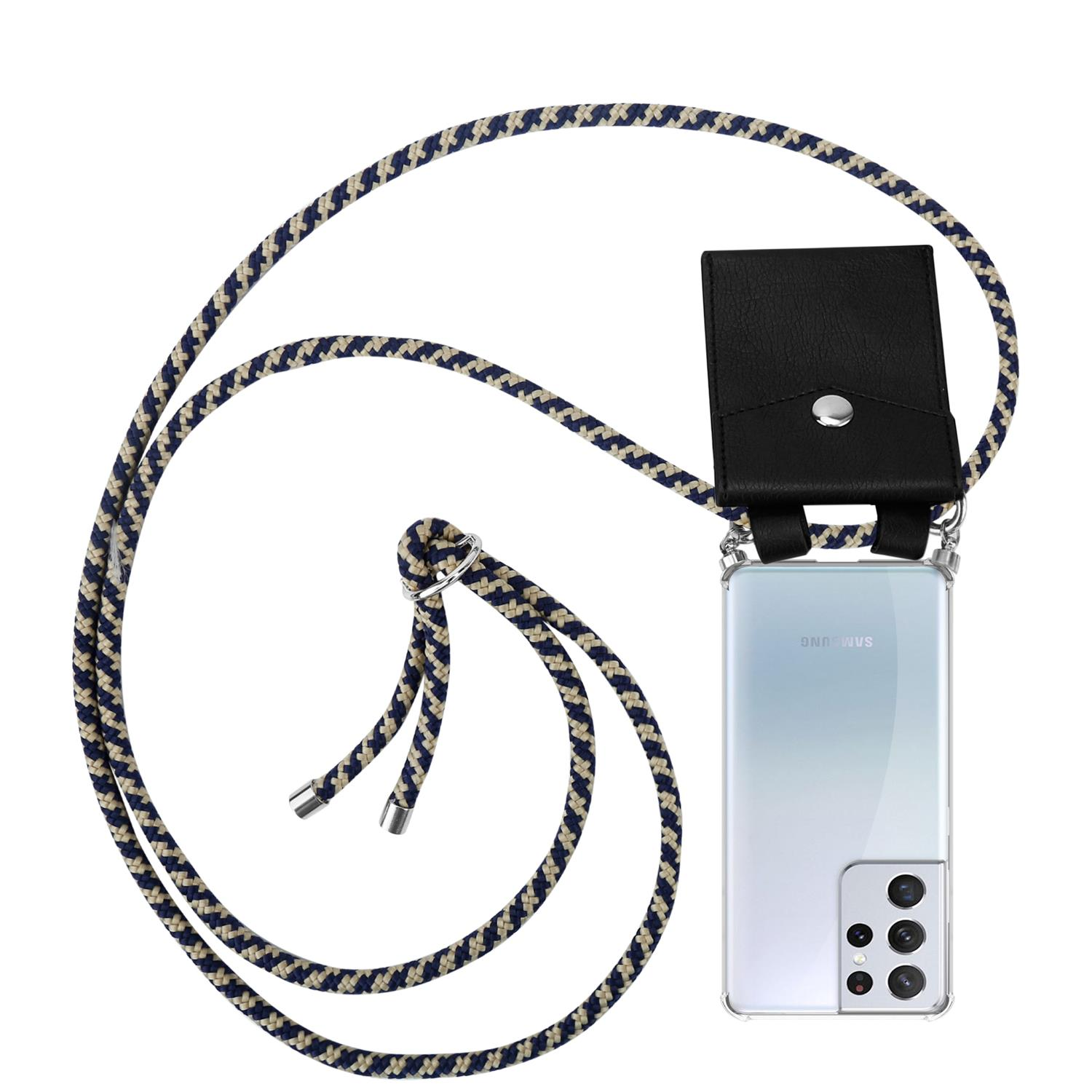 Custodia per telefono con cinturino, telefono nella custodia. Sfondo bianco.
